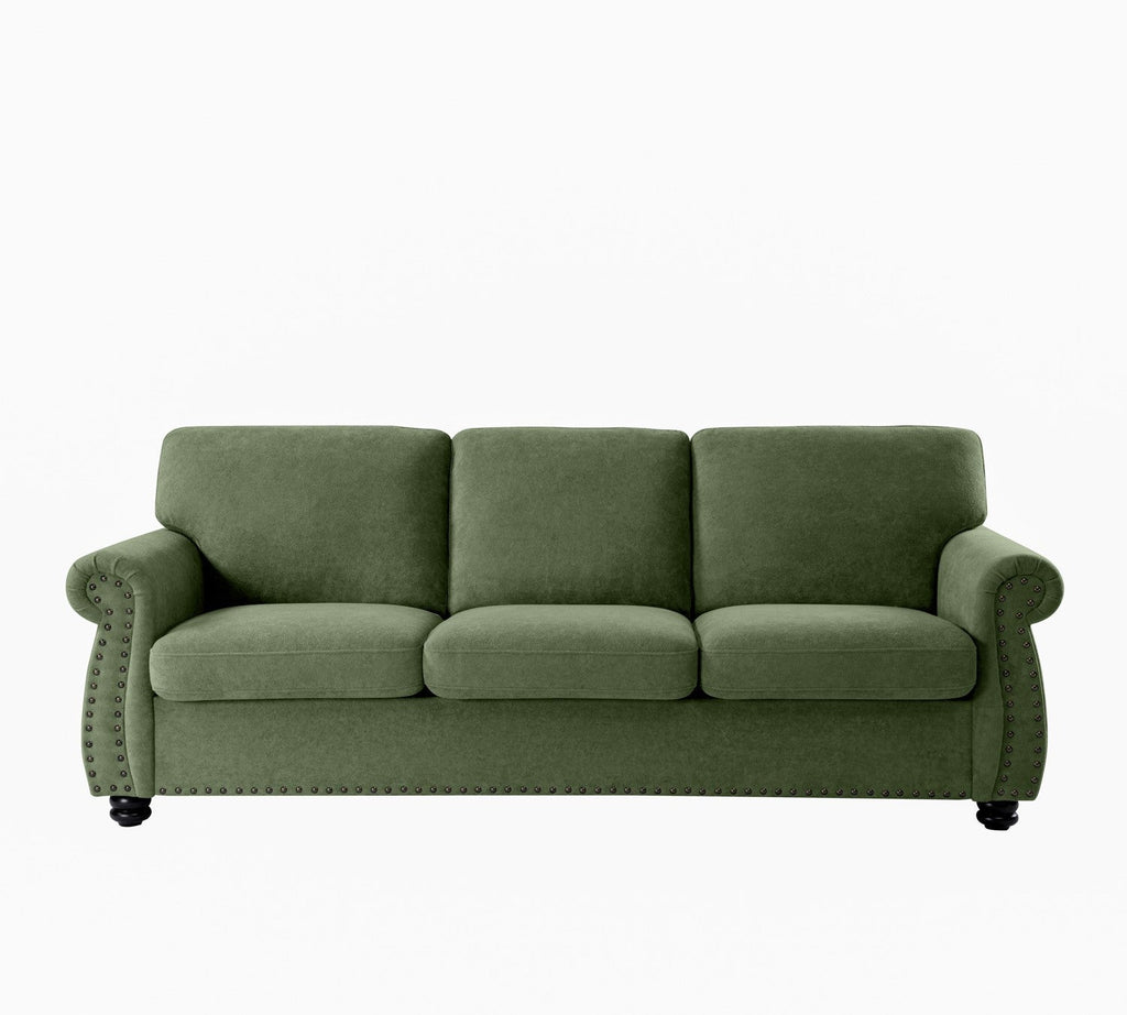 Soft Velvet Sofa, Upholstered 3 Seater Couch with High-Density Foam, Loose Back Cushions and Solid Wood Turned Legs, Chic Living Room Furniture for Home, Apartment and Office, Green