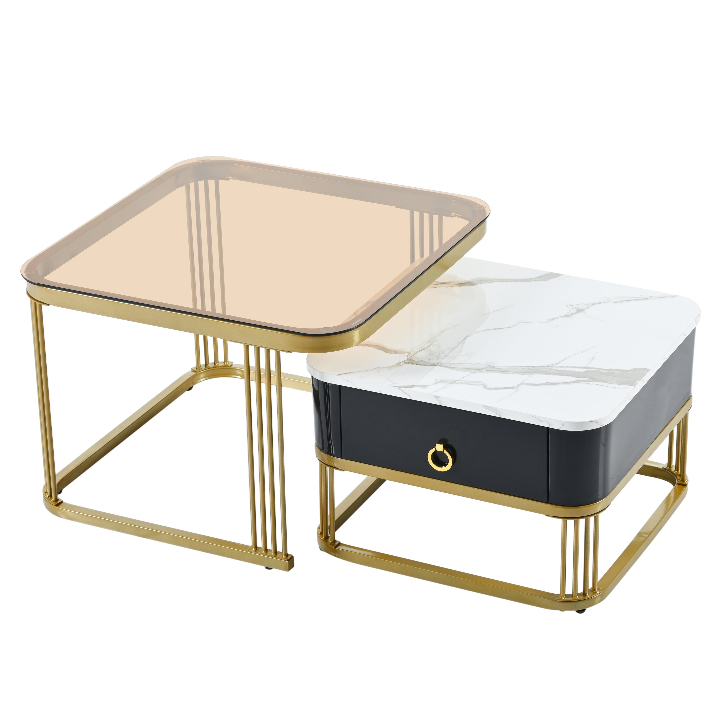 ON-TREND Nesting Coffee Table with Drawer, Set of 2, Exquisite Square Stacking Coffee Tables with Brown Tempered Glass, Side Table with High Gloss Marble Grain Tabletop for Living Room, Black