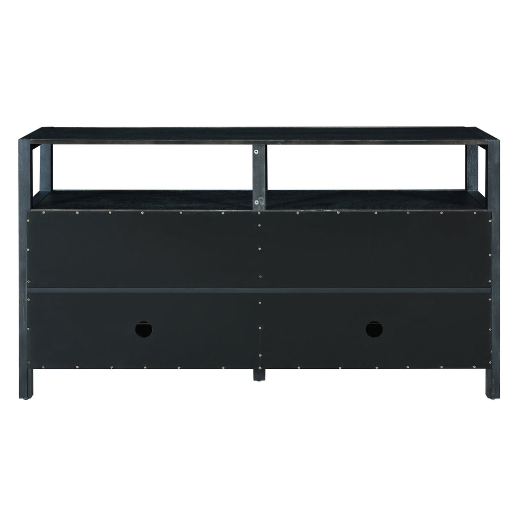 TREXM Bohemian Style Rattan Buffet Storage Cabinet with Solid Wood Frame, Sideboard with 3-position Adjustable Shelves for Living & Dining Rooms, No-Handle Push-to-Open Design (Black)