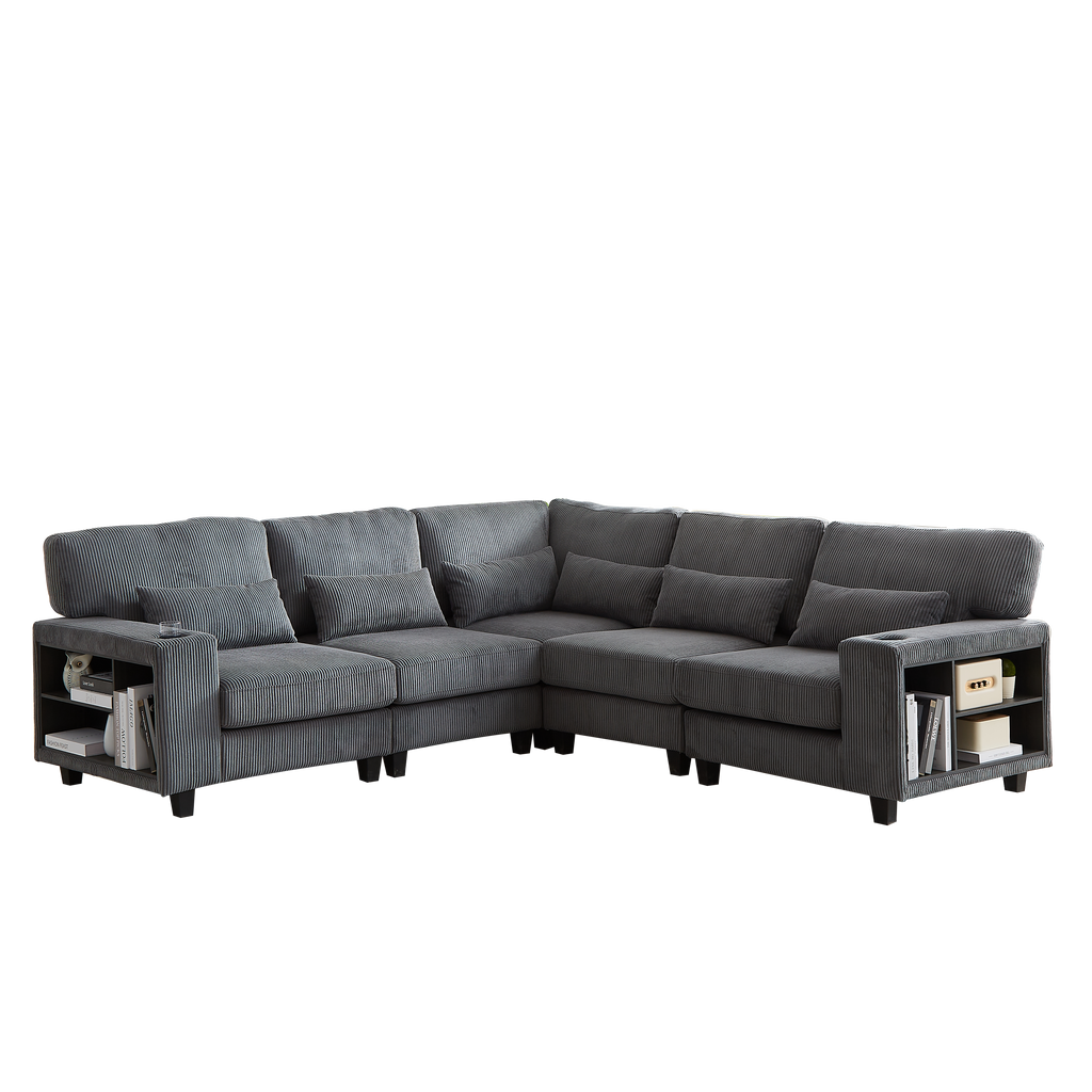 102.75*102.75' L-Shaped Modular Sectional Sofa, Modern Corduroy Sectional Sofa, Arm with Storage With Cup Holder 5-Seat Convertible Sectional Sofa for Living Room, Bedroom, Lounge and Projection Room