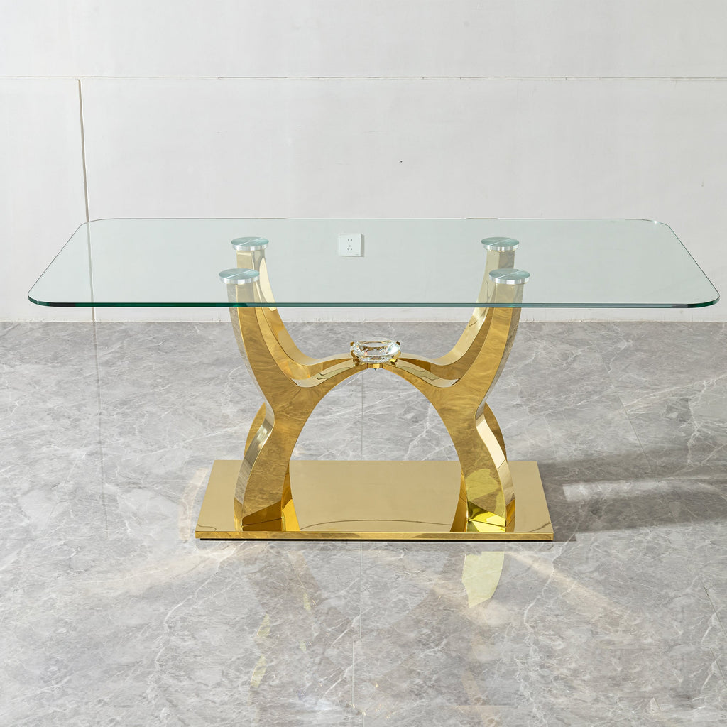 70.08 in. Tempered Clear Glass Rectangular Dining Table with Gold Stainless Steel Base, 0.47 in. Thickness