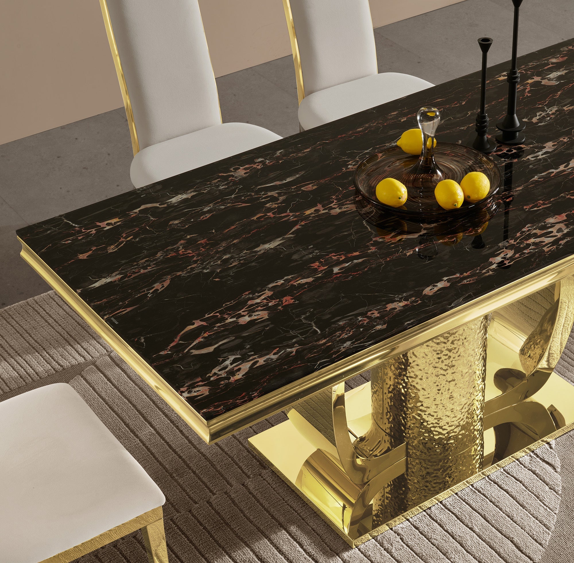 Gold stainless steel dining table  70.08 inch black tempered glass top with sticker