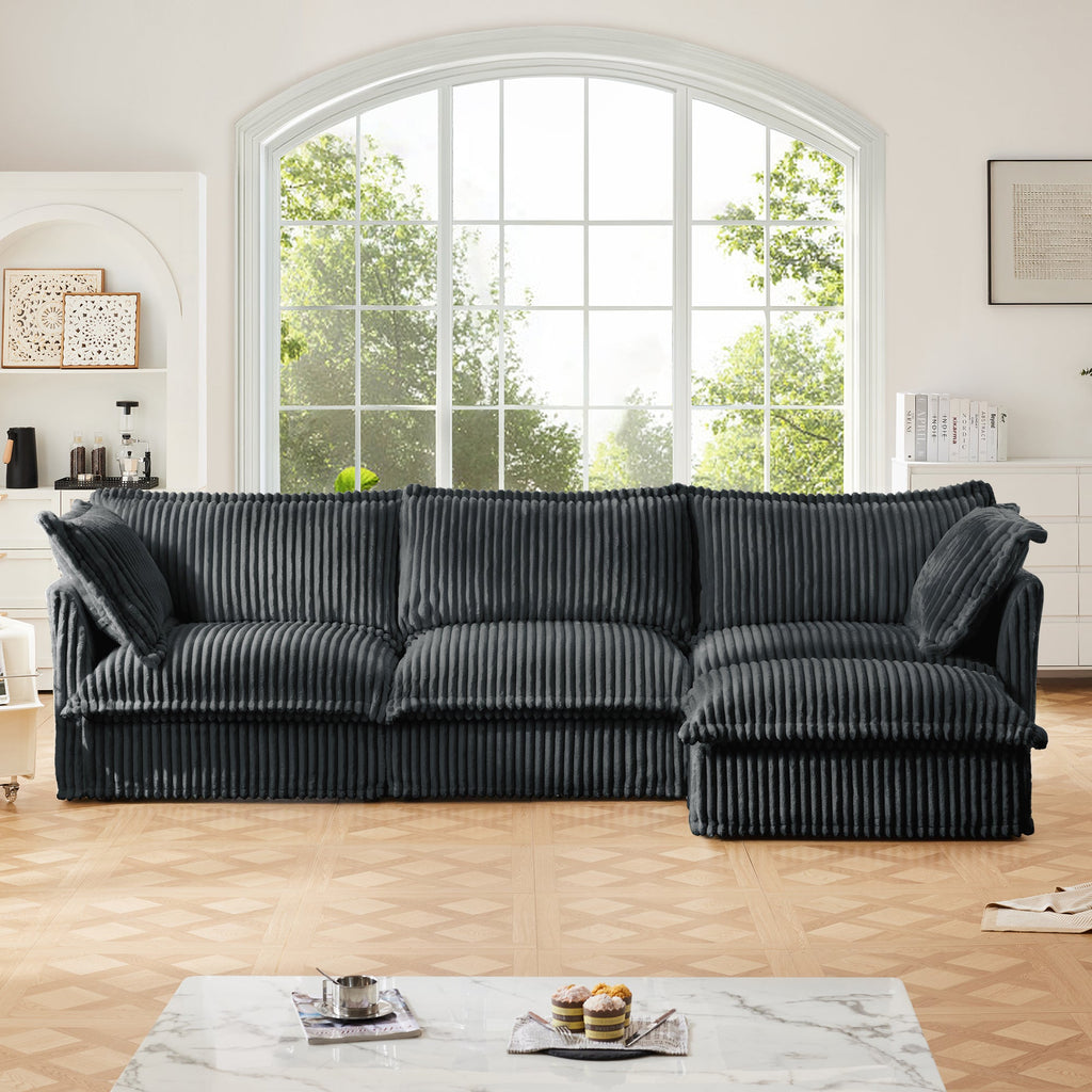 L-Shaped Slipcovered Sectional Sofa Couch, Comfy Deep Seat Cloud Couch with Convertible Ottoman & 2 Big Pillows, Modern Oversized 3 Seater Slipcovered Sofa Set for Living Room Office,Gray Corduroy