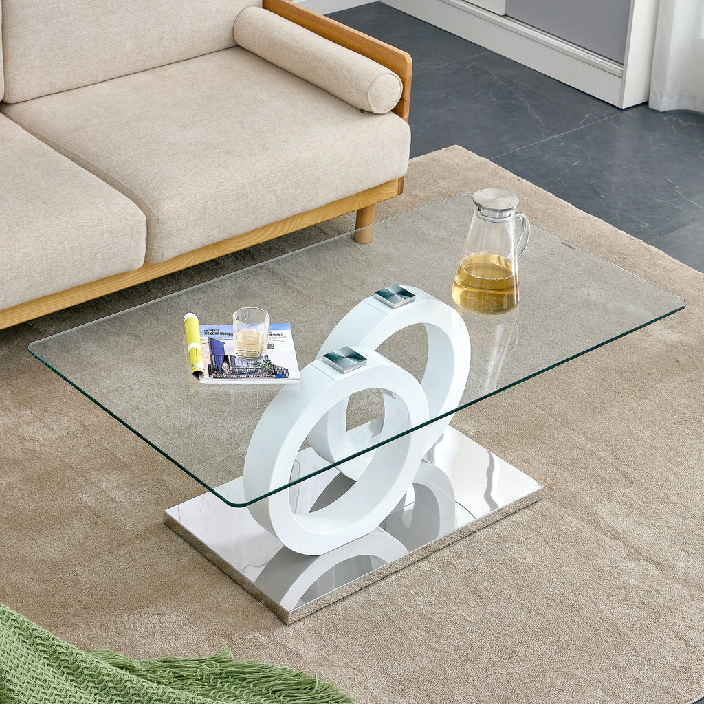Rectangular modern and fashionable coffee table with tempered glass tabletop and white legs. Suitable for living room.47.2"*25.4"*17.9"