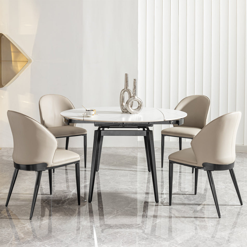 Modern Extendable Round Dining Table with Sintered Stone Top, White & Black, 33.5'' to 51.2''