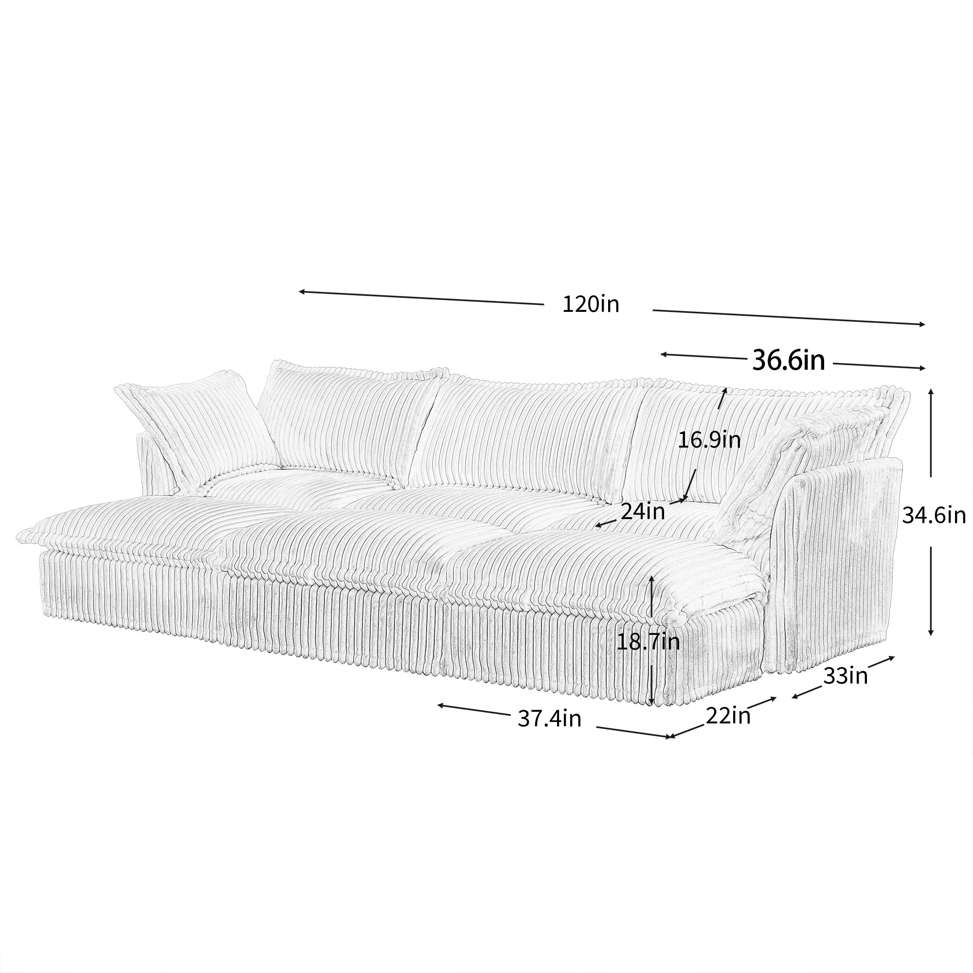 Living Room Sofa Slipcovered Sofa 3 Seater Sofa With 3 Ottomans, Oversized 3-Seat Sleeper Sofa Bed Home Theater Sofa, Corduroy, Gray