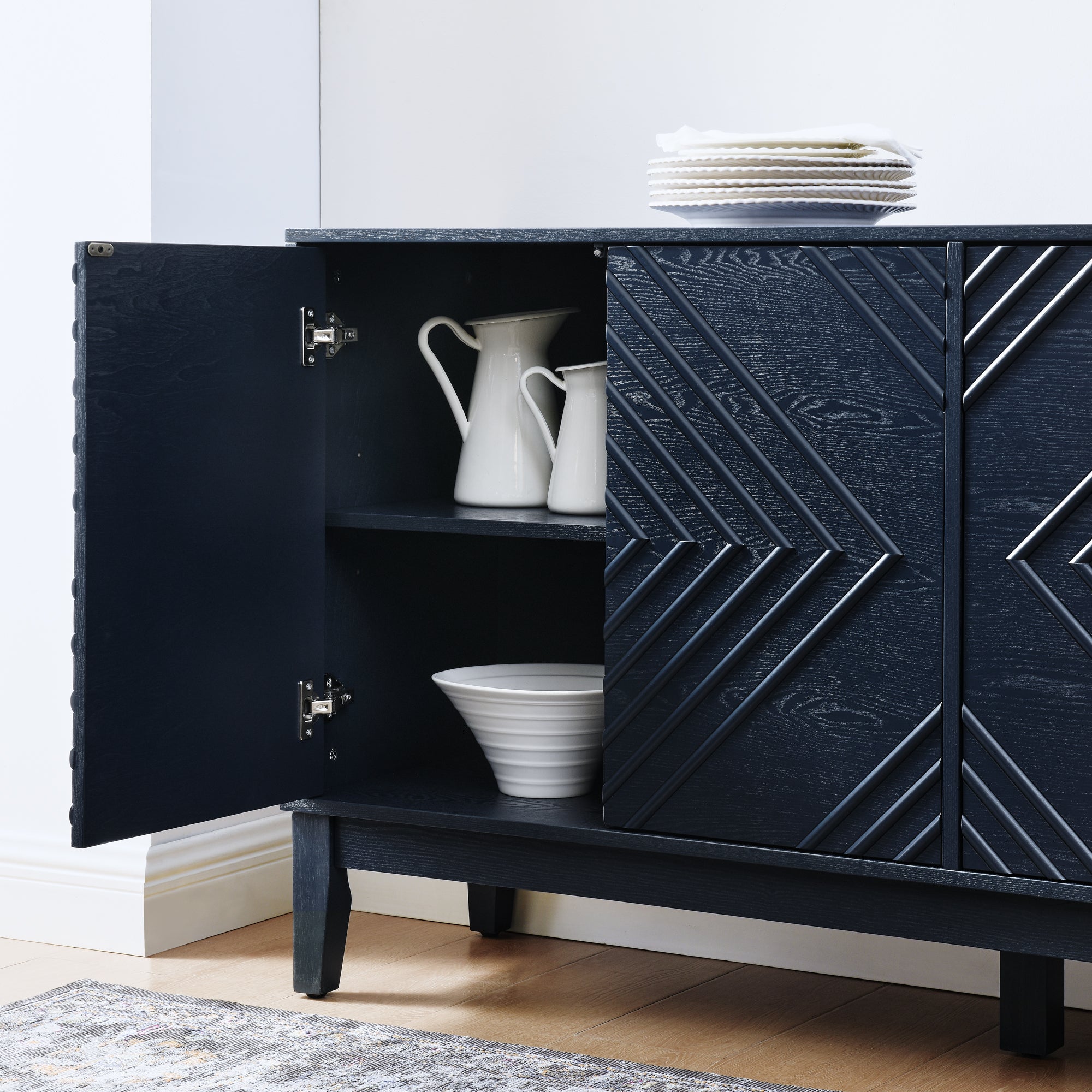 60.5'' Buffet Cabinet with Storage, Farmhouse Fluted Sideboard with Geometric Pattern & Adjustable Shelves, Mid Century Modern TV Stand for Living Room Kitchen Dining Room Entryway, Blue