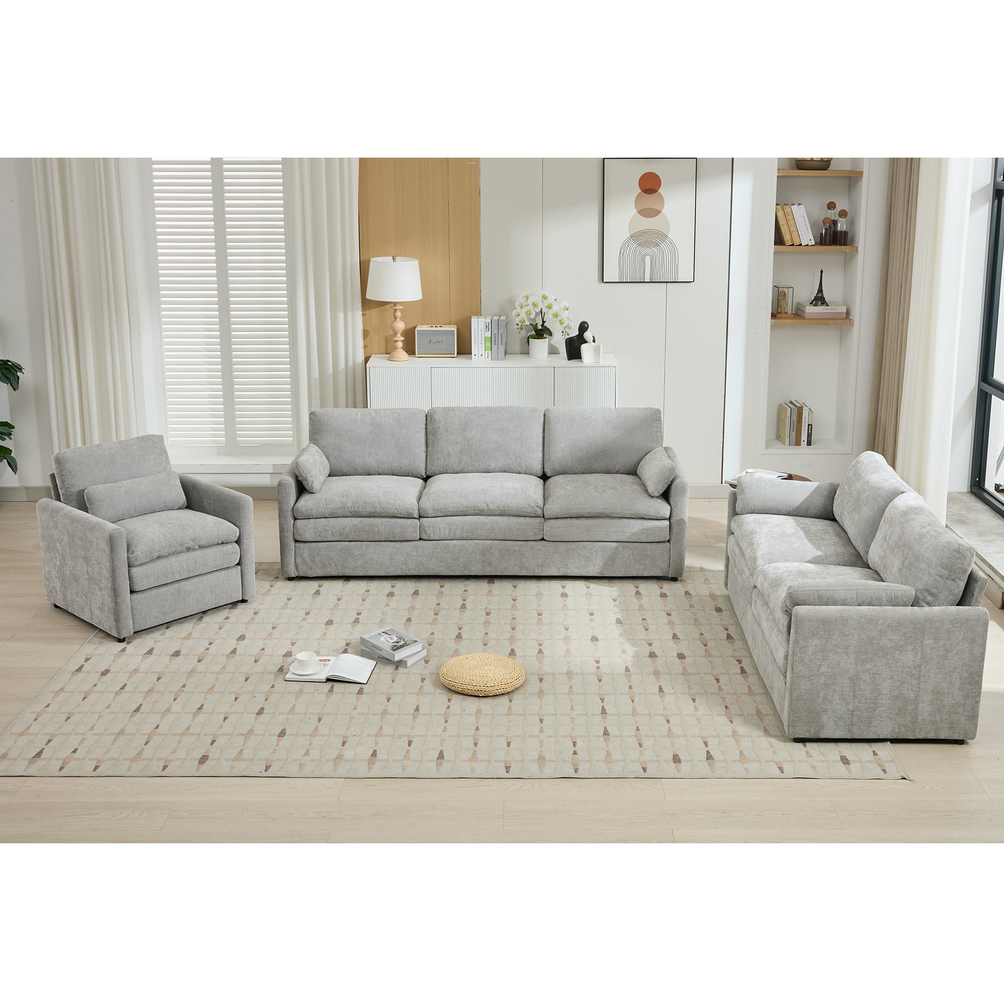 Cozy Upholstered Sofa Set Oversized Comfy Cloud Sofa Double Cushion Sofa Group Plush Cushion Sofa Couch for Living Room, Light Grey