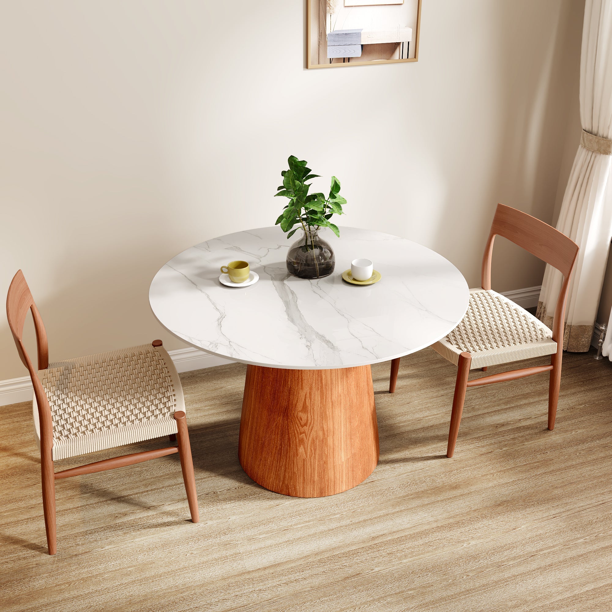 Small Round Solid Wood Pedestal Dining Table Table 43' For 2-4 Person -  White Grey