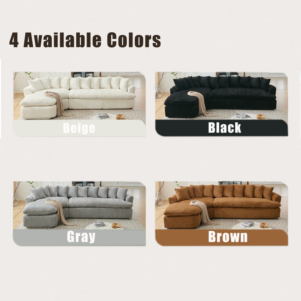 127''  Large Sectional Sofa ,Elegant Curved Design ,High-Resilience Foam ,Ten Back Cushions,L-Shape Left Sofa,No Assembly  Required , (Beige-Soft Corduroy Fabric)