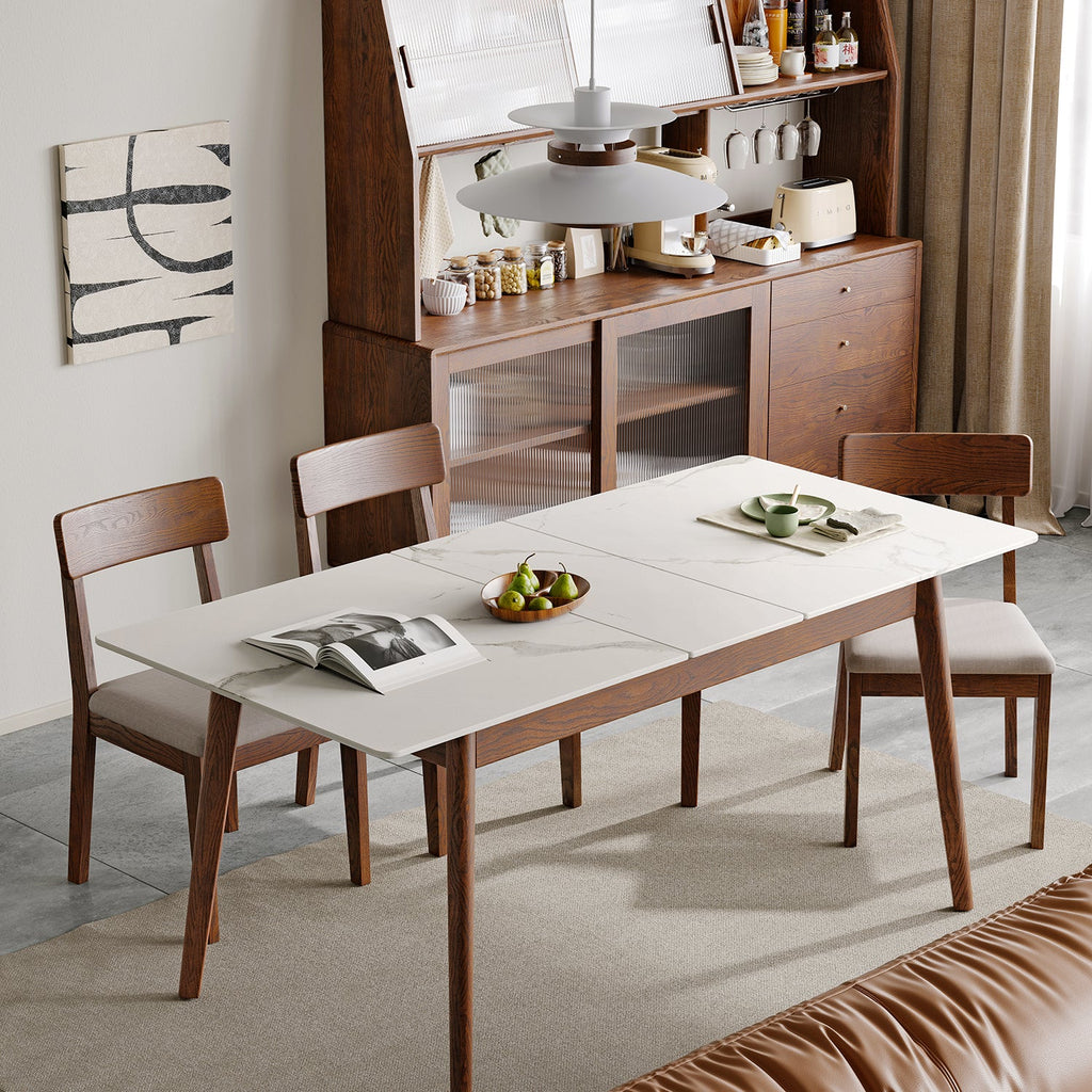 Walnut Solid Oak and White Slate Telescopic Dining Table for 6-8 People, Wood (Walnut Color)