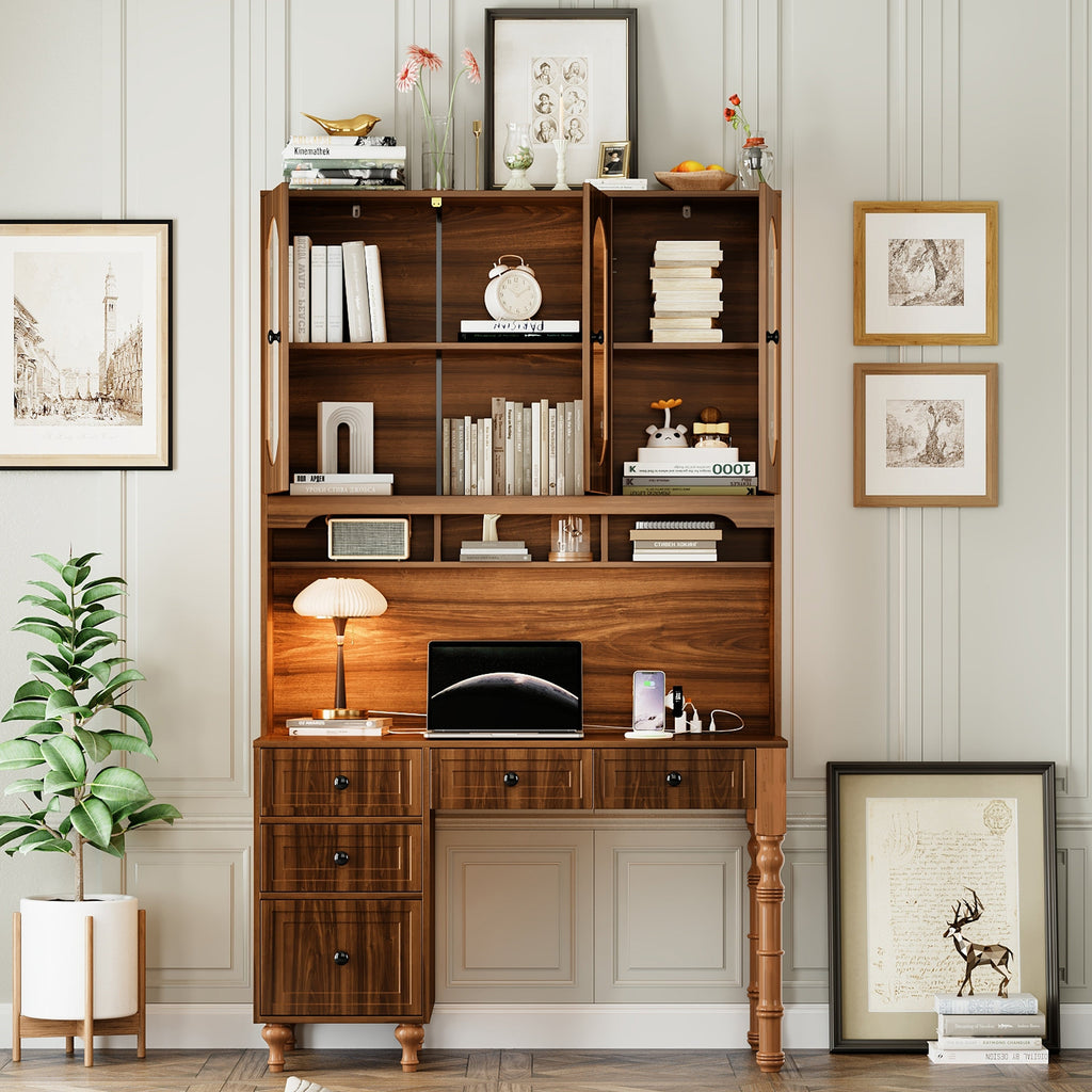 47'' Retro Desk with Charging Ports and Hutch Cabinet, Office Desk with 5 Storage Drawers and Transparent Glass-Door Bookshelf, Executive Computer Desk for Home Office, Bedroom, Walnut