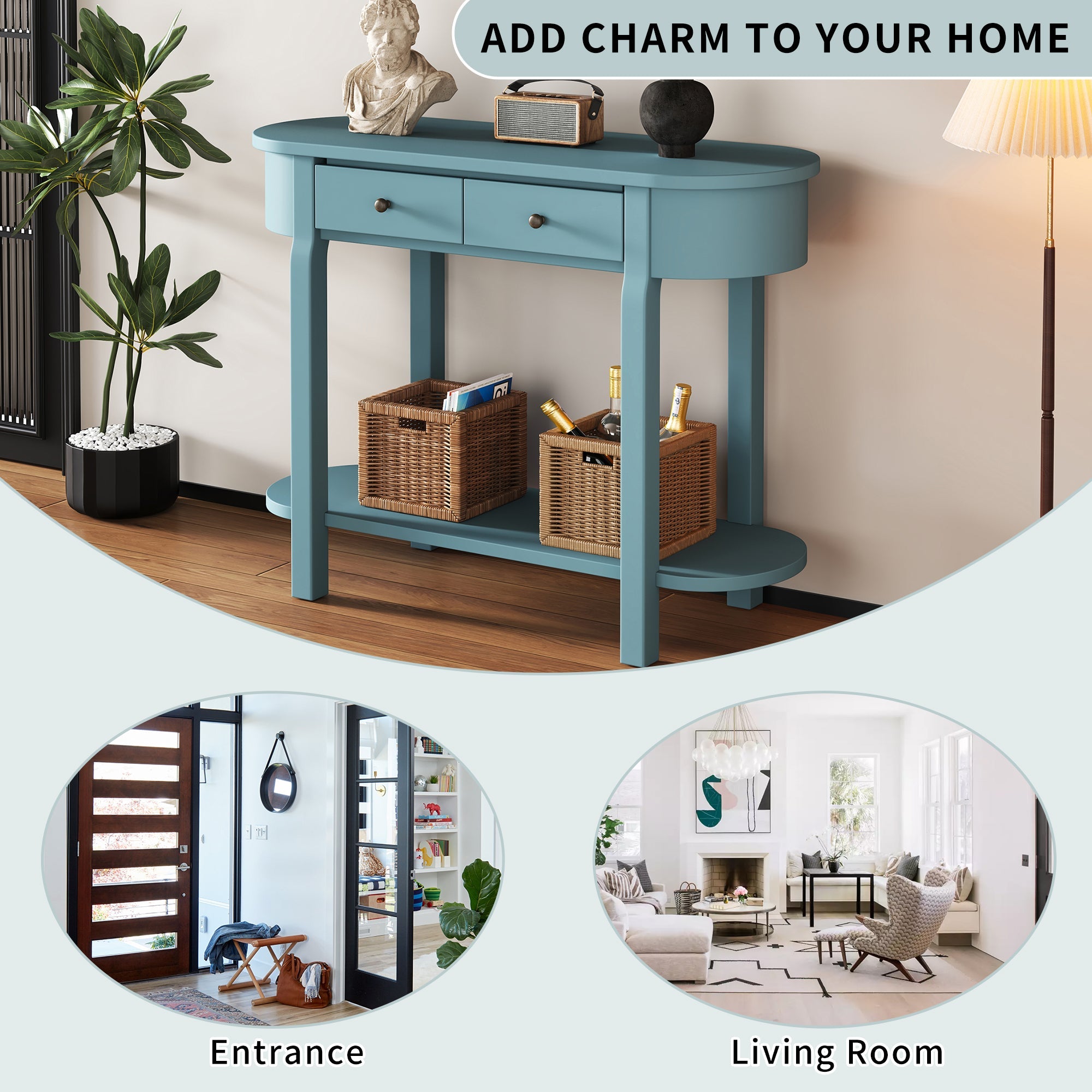TREXM Elegant Retro Console Table with Curved Design and Smooth Glaze for Entryways, Living Rooms and hallways (Turquoise Green)