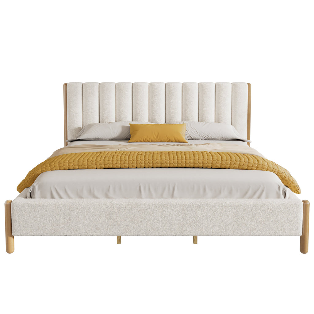 California King Size Bed Frame with Boucle Upholstered Thick Headboard, Solid Wooden Legs, White