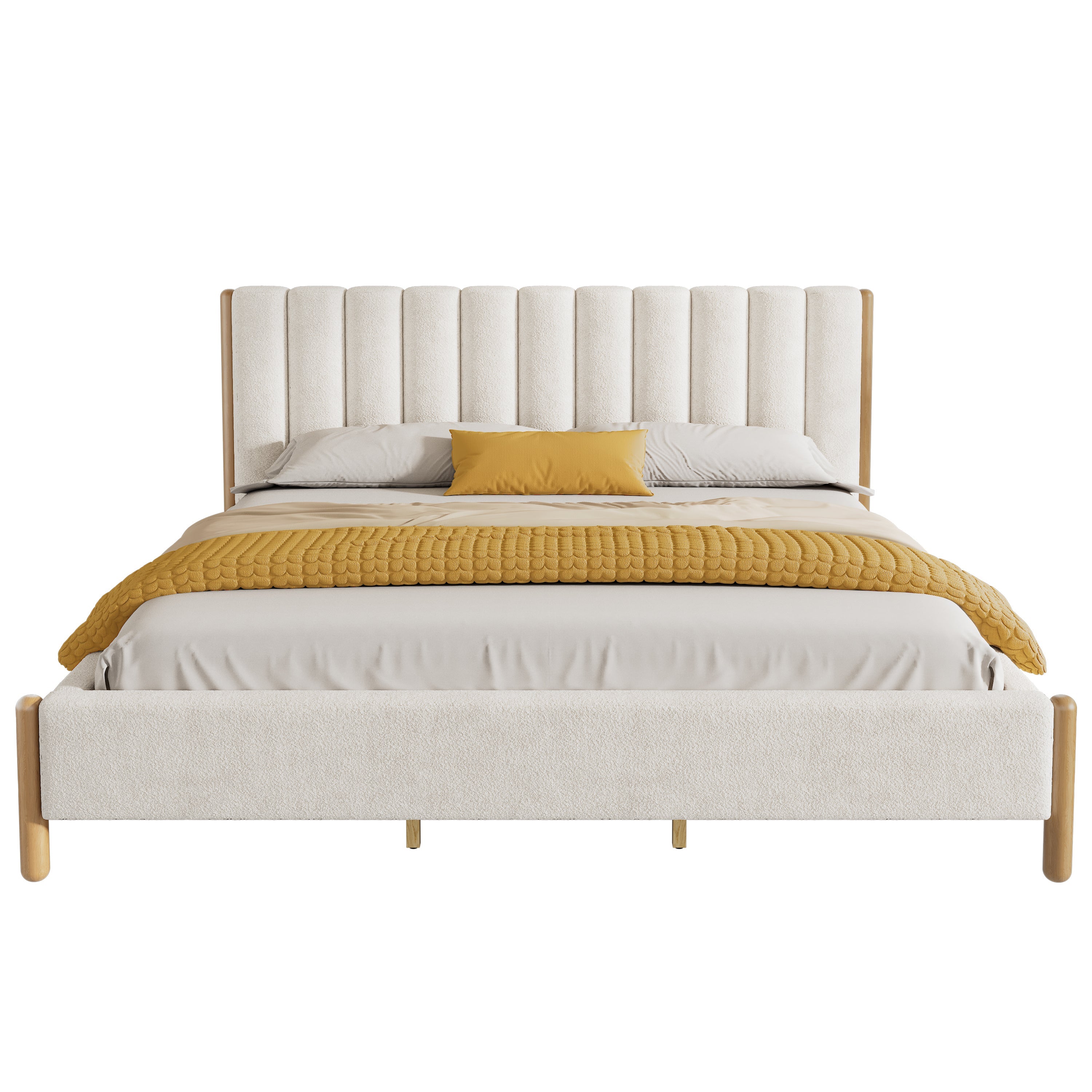 California King Size Bed Frame with Boucle Upholstered Thick Headboard, Solid Wooden Legs, White