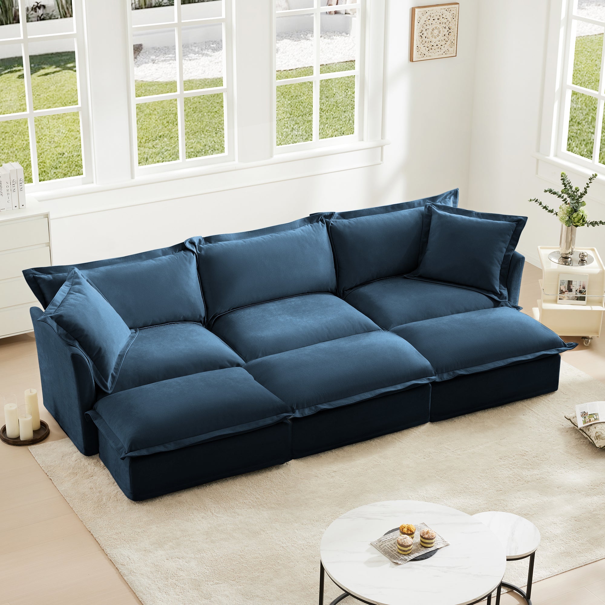 Slipcovered Sofa Couch, Modern 3 Seater Sofa with Suppleness Armrests,Deep Seat Sofa with Soft Multiple Big Pillows, Comfy Couch for Living Room, Apartment,Chenille, Blue