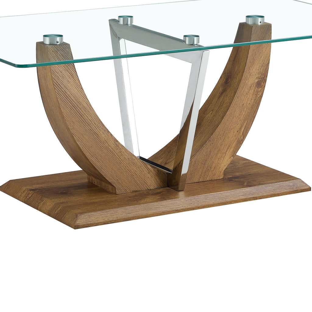 Modern minimalist transparent tempered glass coffee table with wooden MDF legs and stainless steel decorative columns. Computer desk. Game table. CT-907