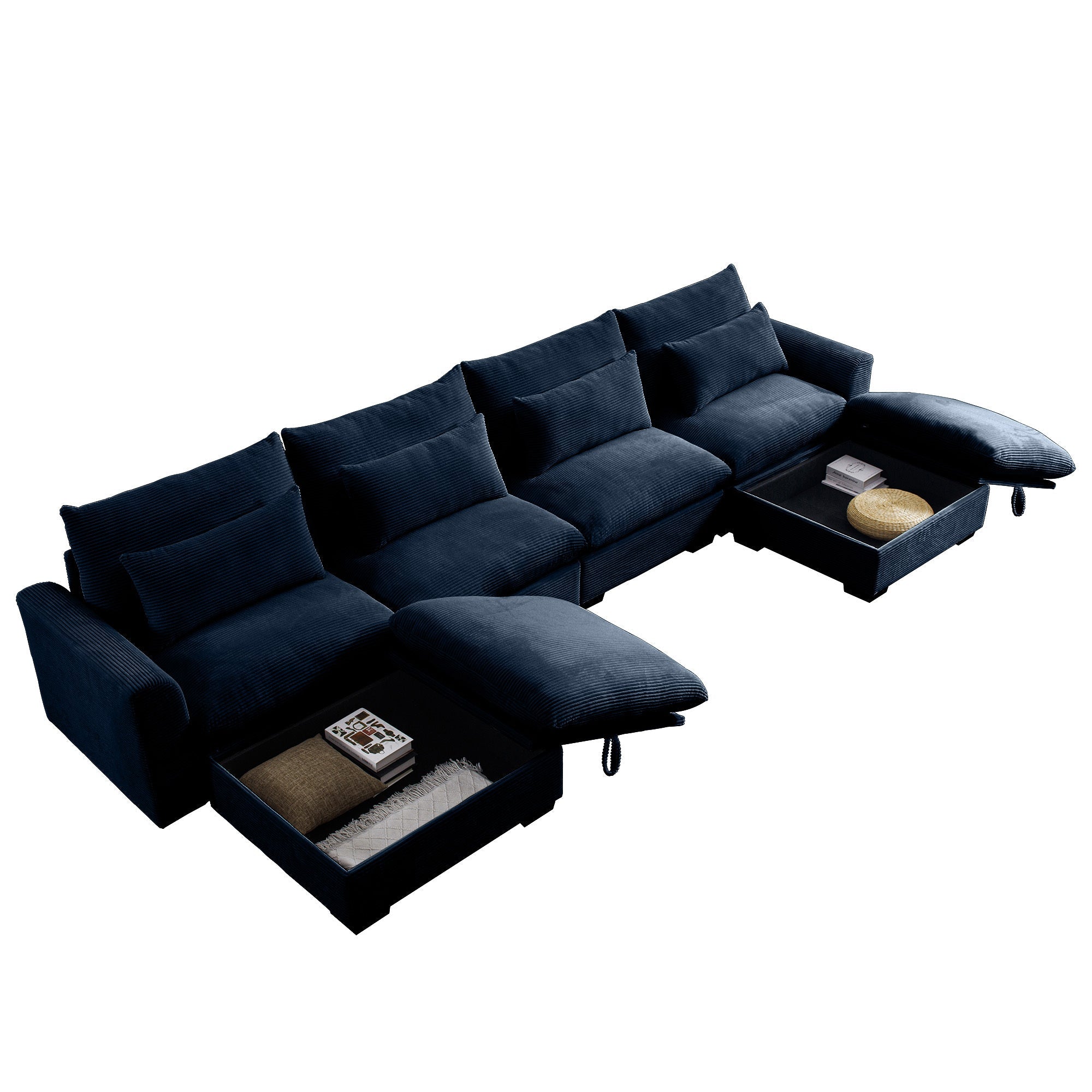 Big Deep Seat U-Shaped Corduroy Sectional Couches for Living Room, 4 Seater Sofa Couch with 2 Storage Footstool and 4 Waist Pillows (Corduroy, Blue)