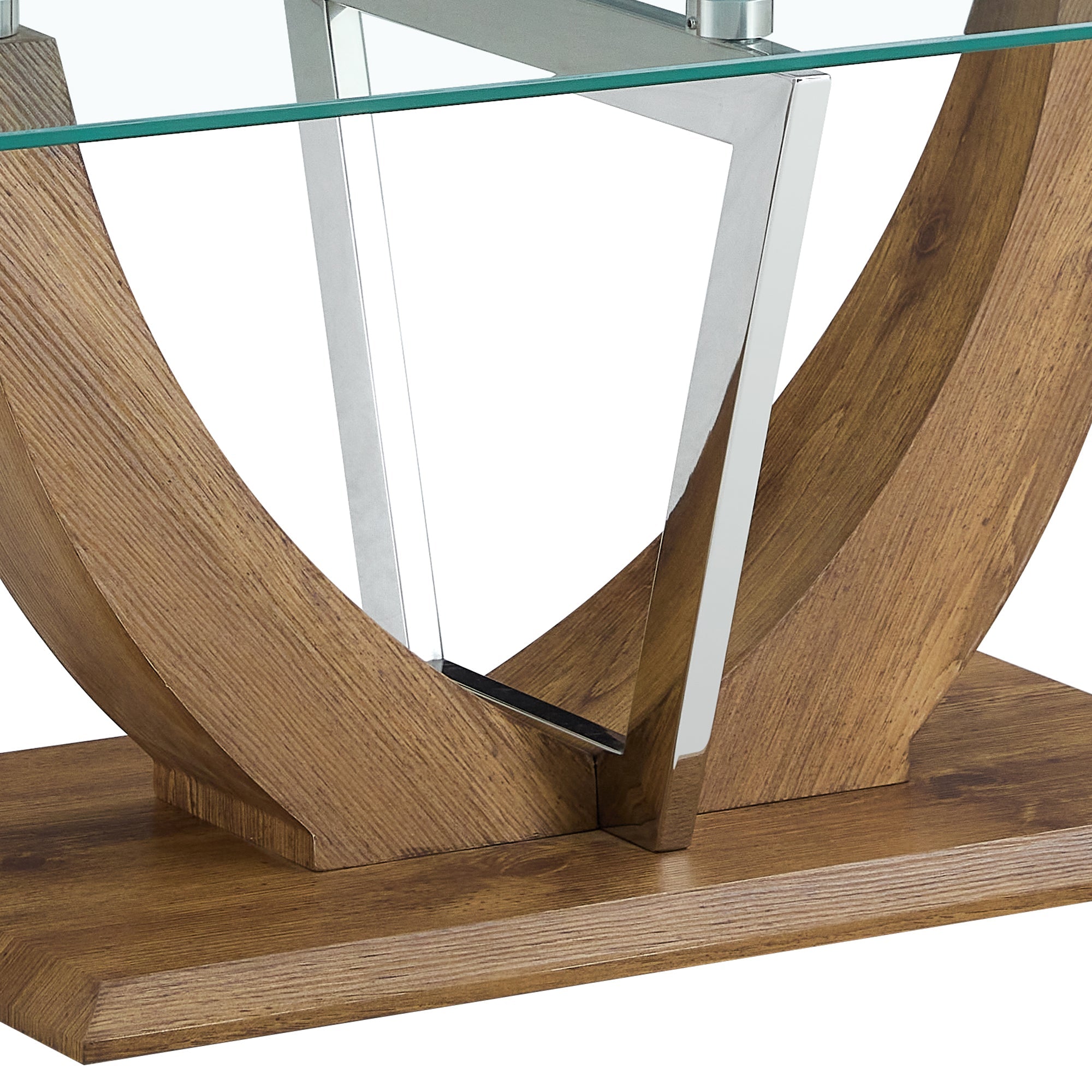 Modern minimalist transparent tempered glass coffee table with wooden MDF legs and stainless steel decorative columns. Computer desk. Game table. CT-907