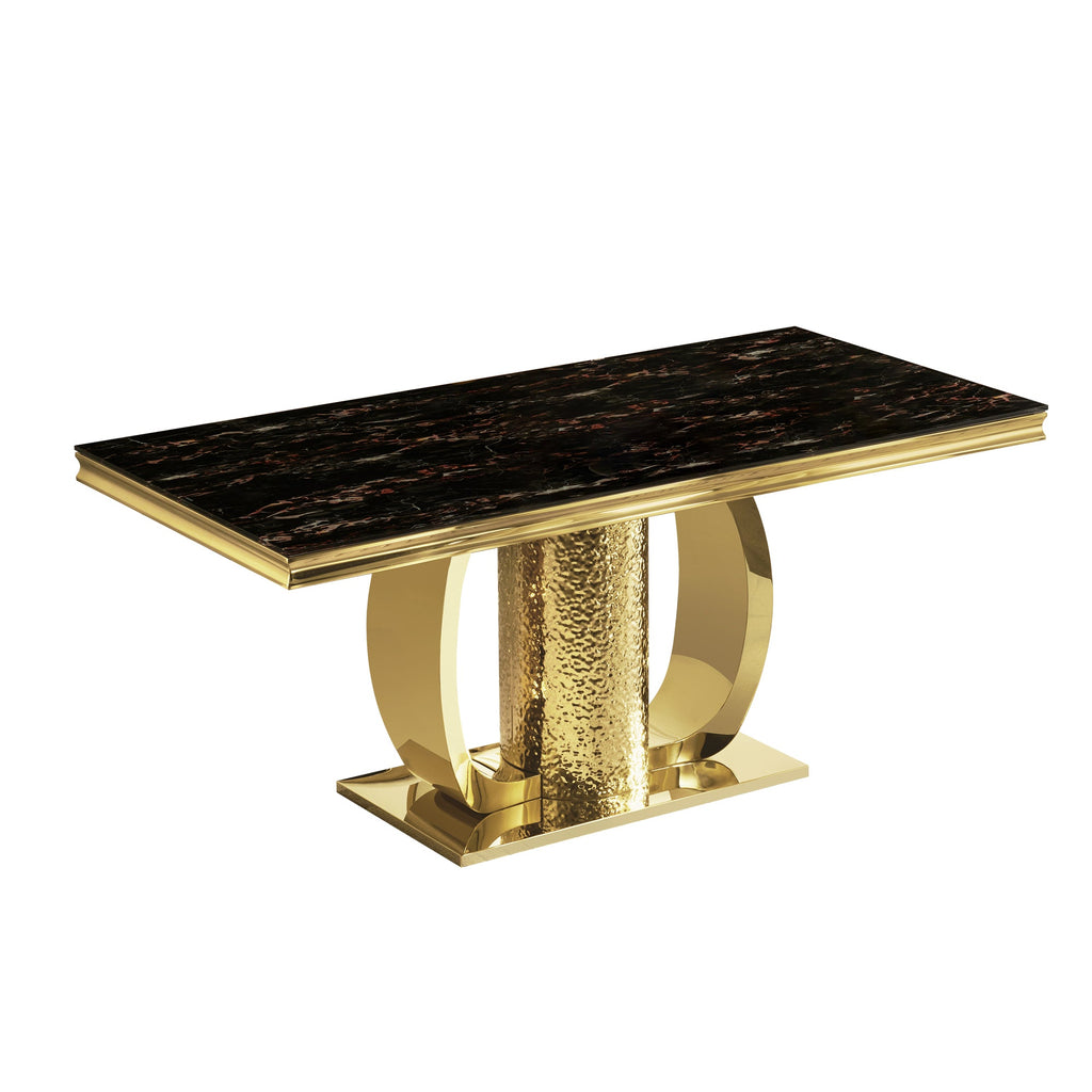 Gold stainless steel dining table  70.08 inch black tempered glass top with sticker