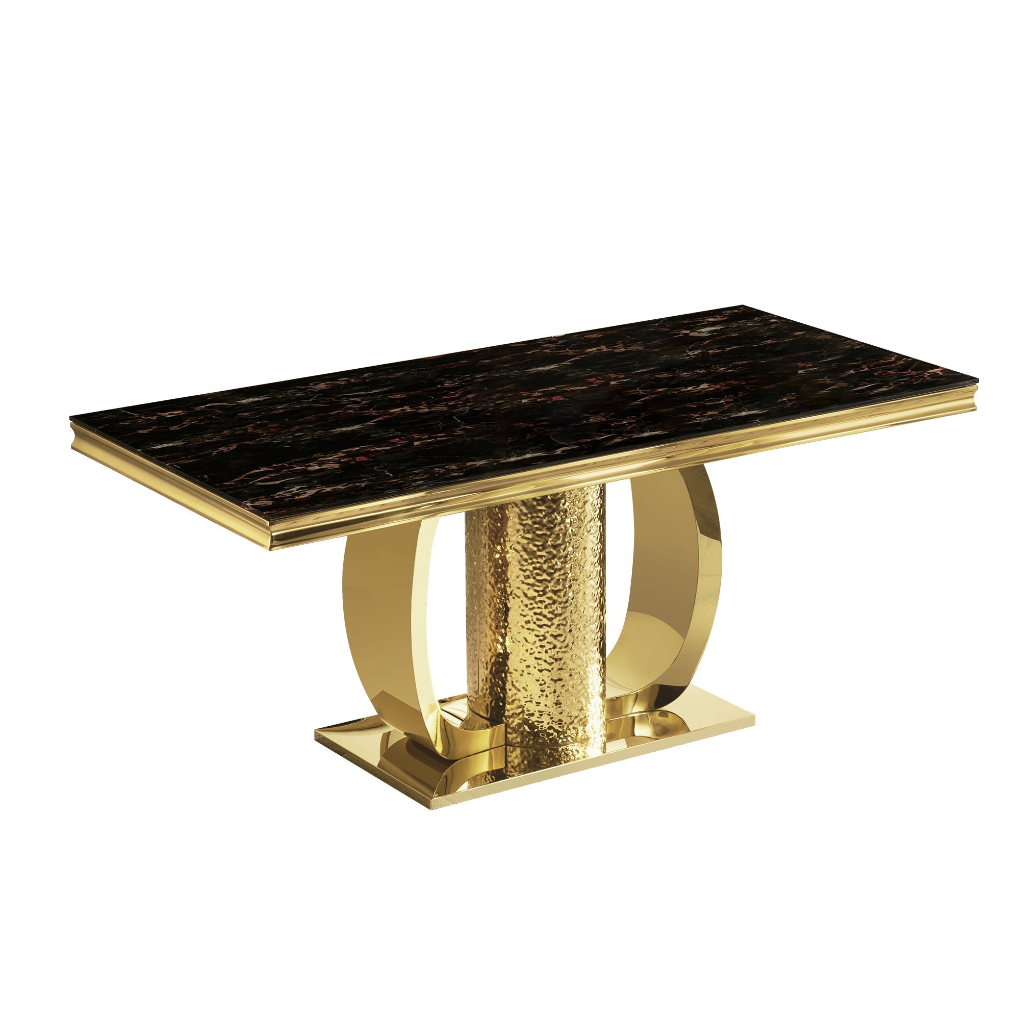 Gold stainless steel dining table  70.08 inch black tempered glass top with sticker