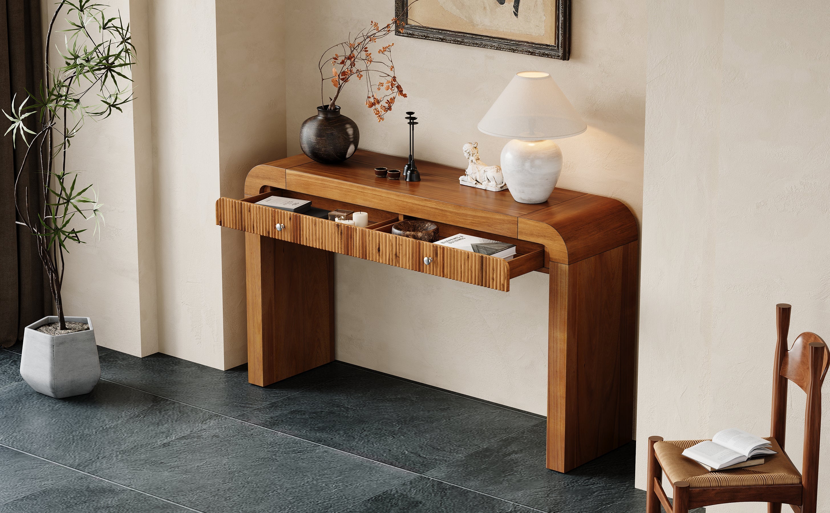 TREXM Rustic Console Table with Fluted Drawer Front, Entryway Table with Curved Corners & Thick Legs, Sturdy Sofa Table for Hallway & Living Room (Brown)
