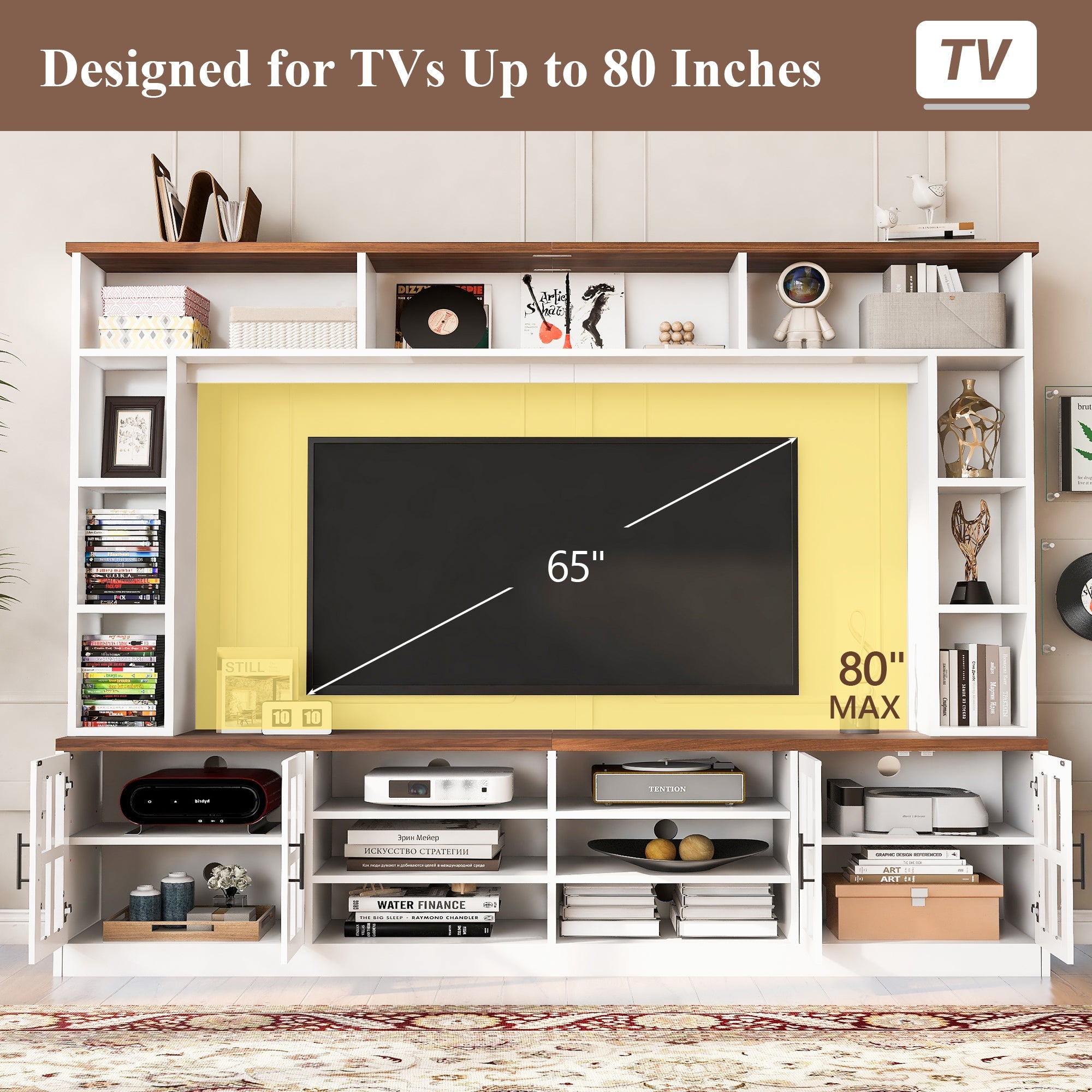U-Can 95.5' W Wall Unit Entertainment Center with Bookshelves for TVs up to 80', Modern TV Stand Media Console with Cabinets, Tempered Glass Doors and Adjustable Shelves for Living Room