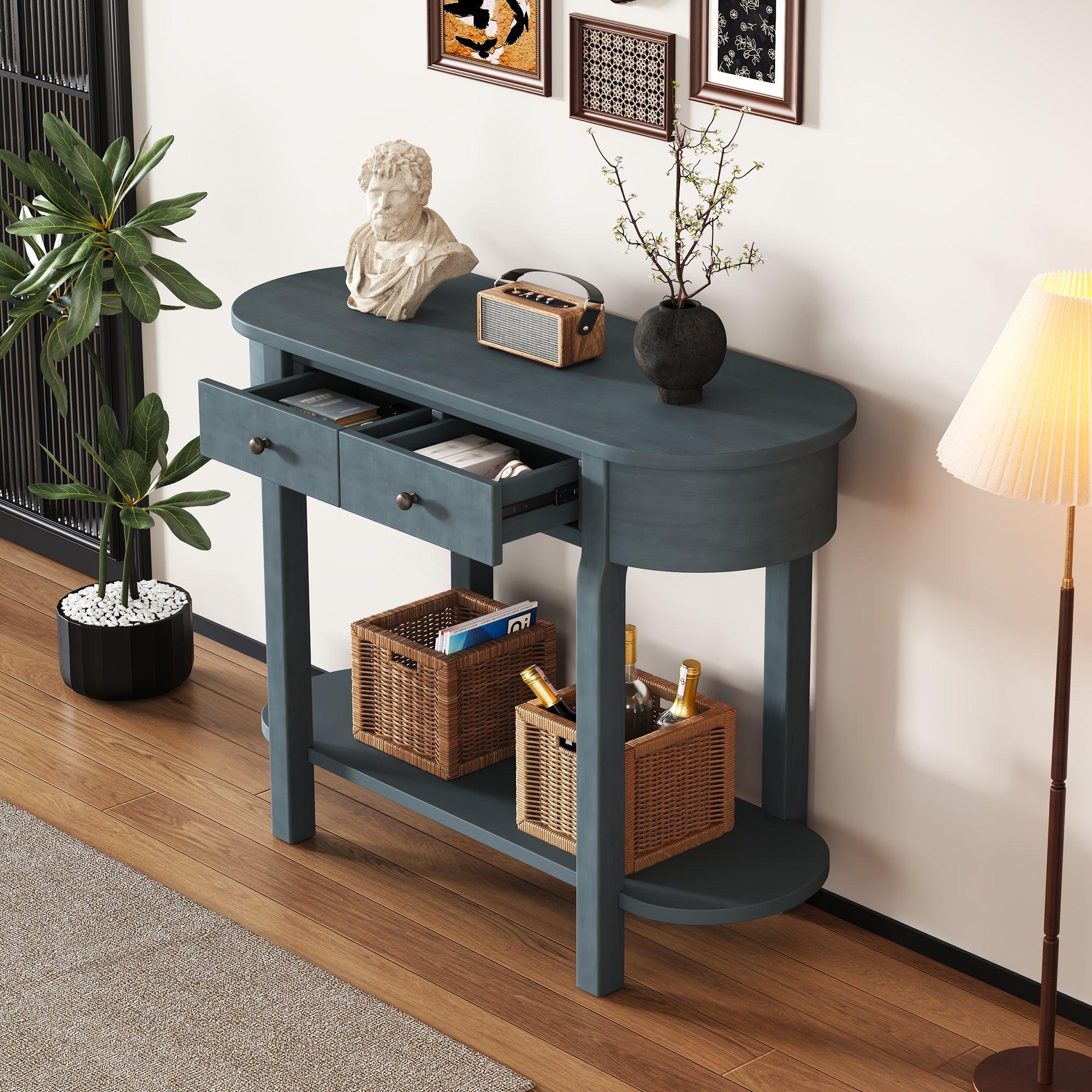 TREXM Elegant Retro Console Table with Curved Design and Smooth Glaze for Entryways, Living Rooms and hallways (Navy)
