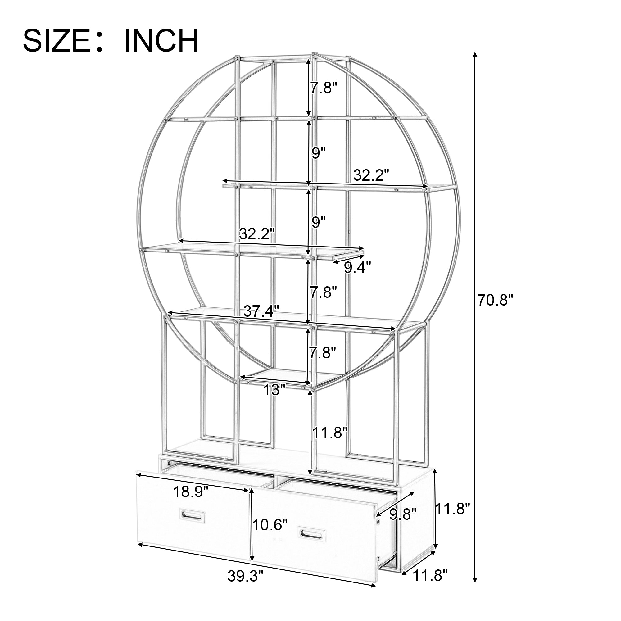 70.8 Inch Round Office Bookcase Bookshelf, Display Shelf, Two Drawers, Gold Frame