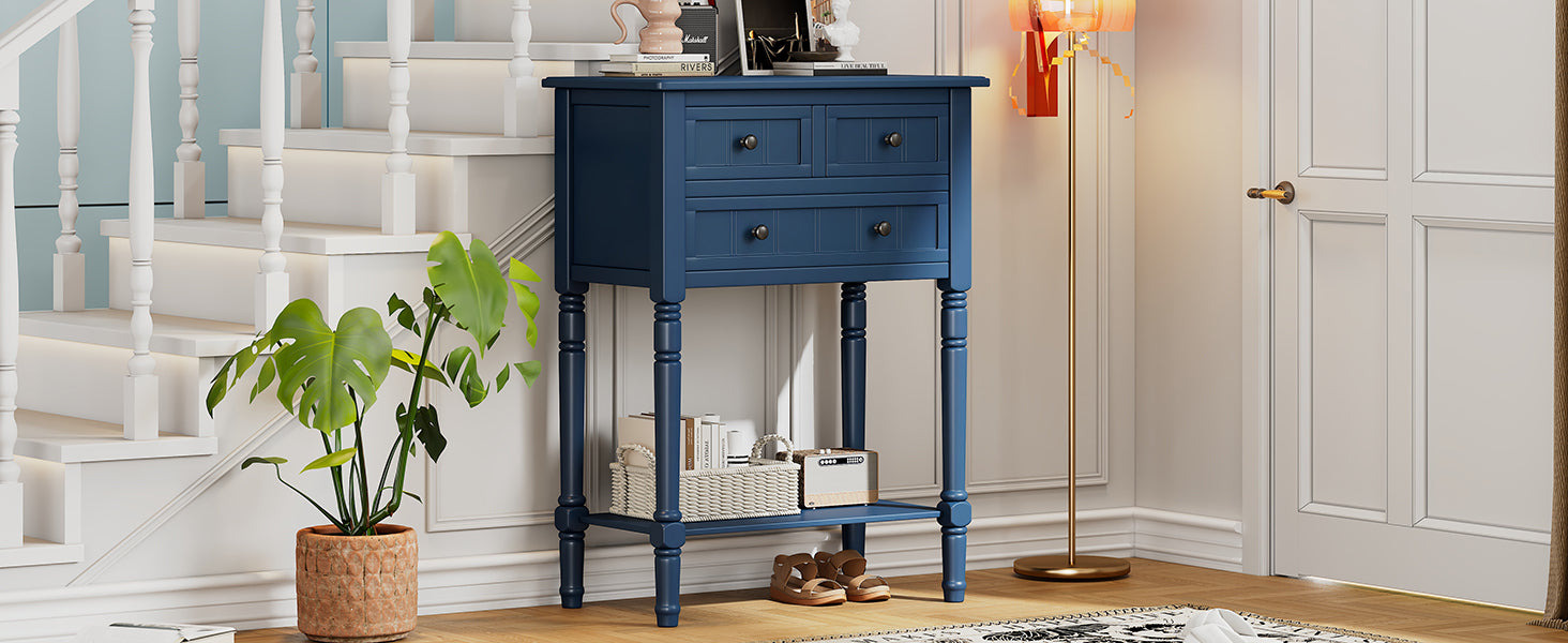 TREXM Narrow Console Table, Slim Sofa Table with Three Storage Drawers and Bottom Shelf (Navy)