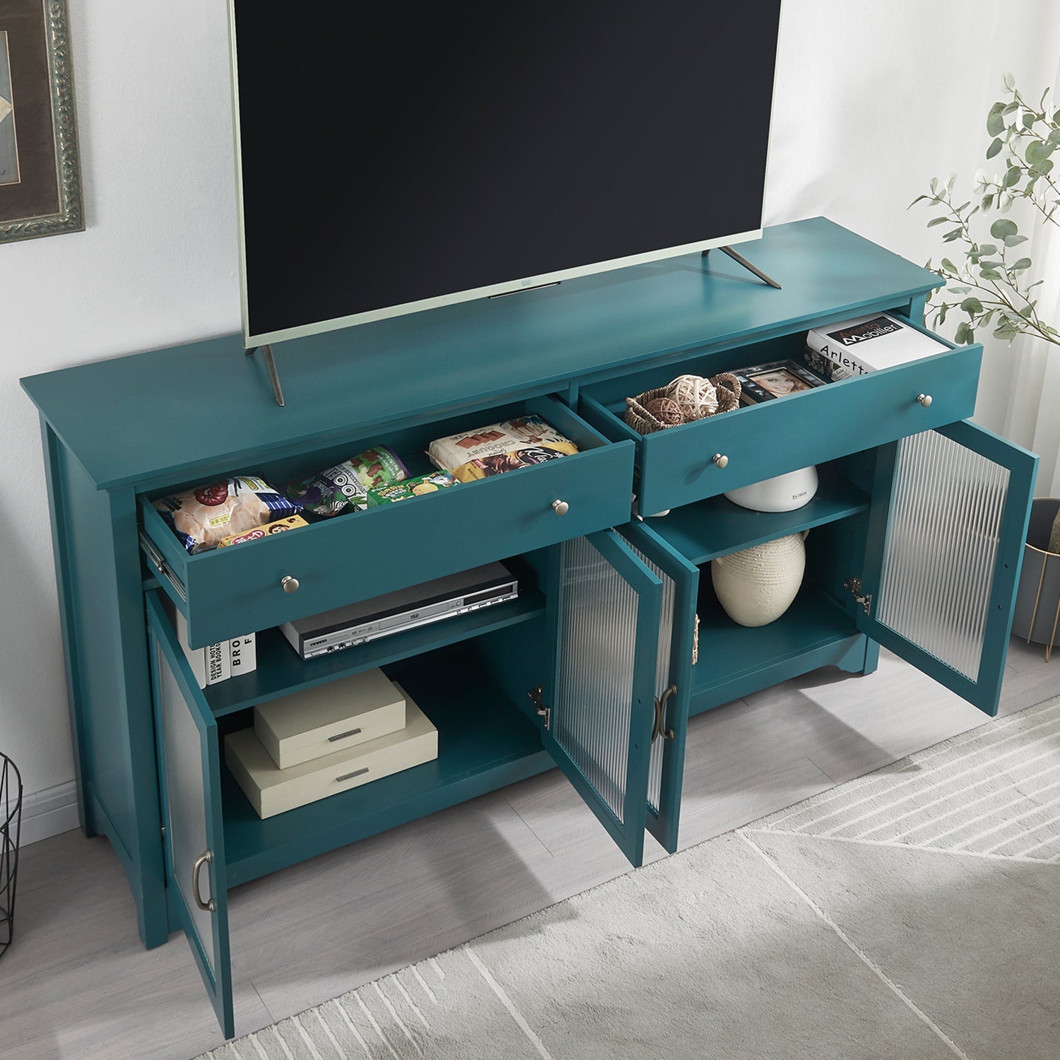 65' TV Console, Storage Buffet Cabinet, Sideboard with Glass Door and Adjustable Shelves, Console Table, Teal Blue