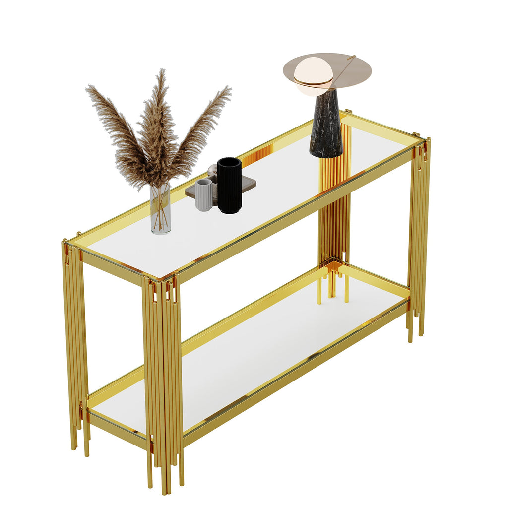 Top and Bottom Double Layer Tempered Glass Console Table and Mirror Finished Stainless Steel Frame