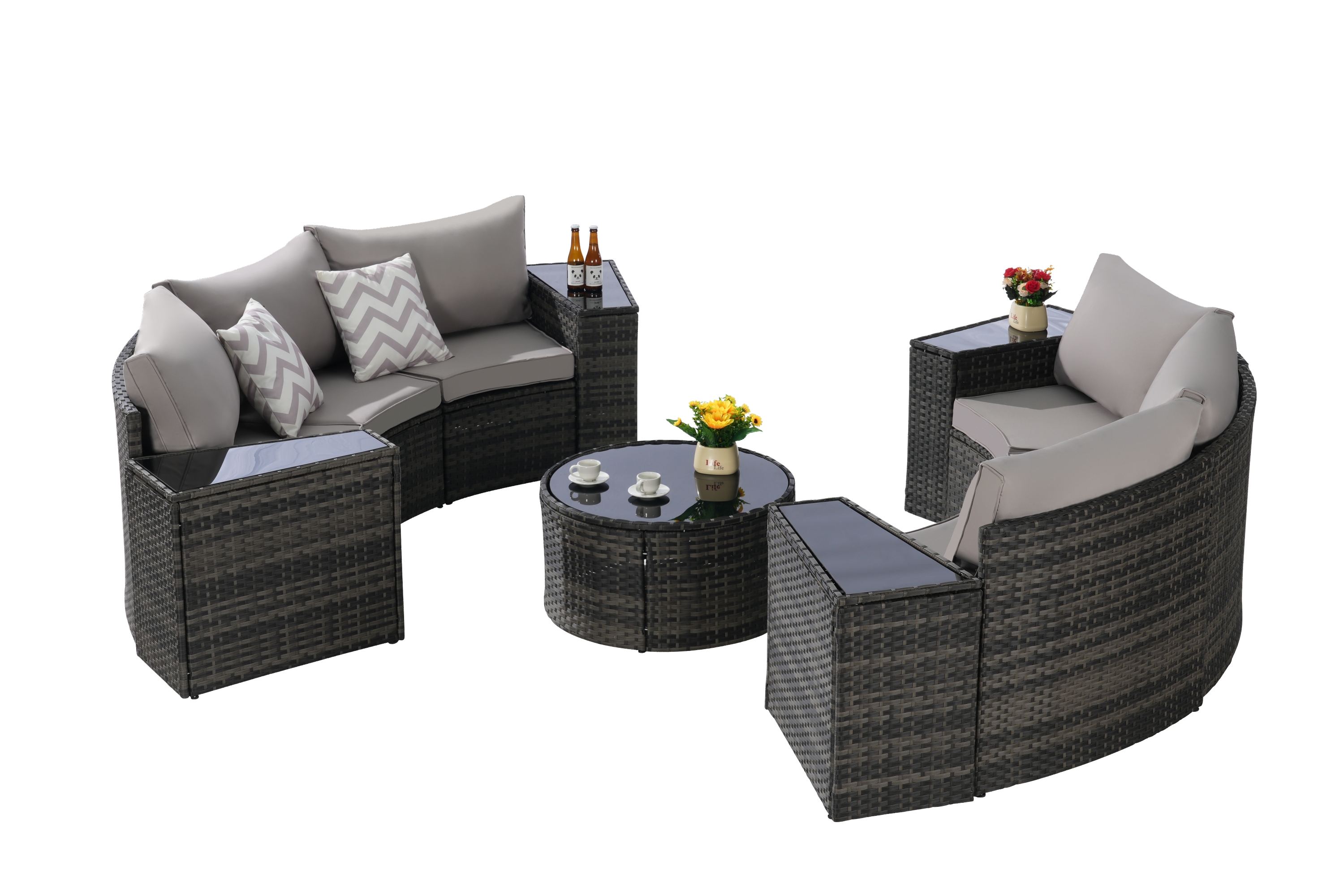 Outdoor Patio Furniture 11-Piece Half-Moon Sectional Round Patio Furniture Set Sofa with Tempered Glass Round Coffee Table