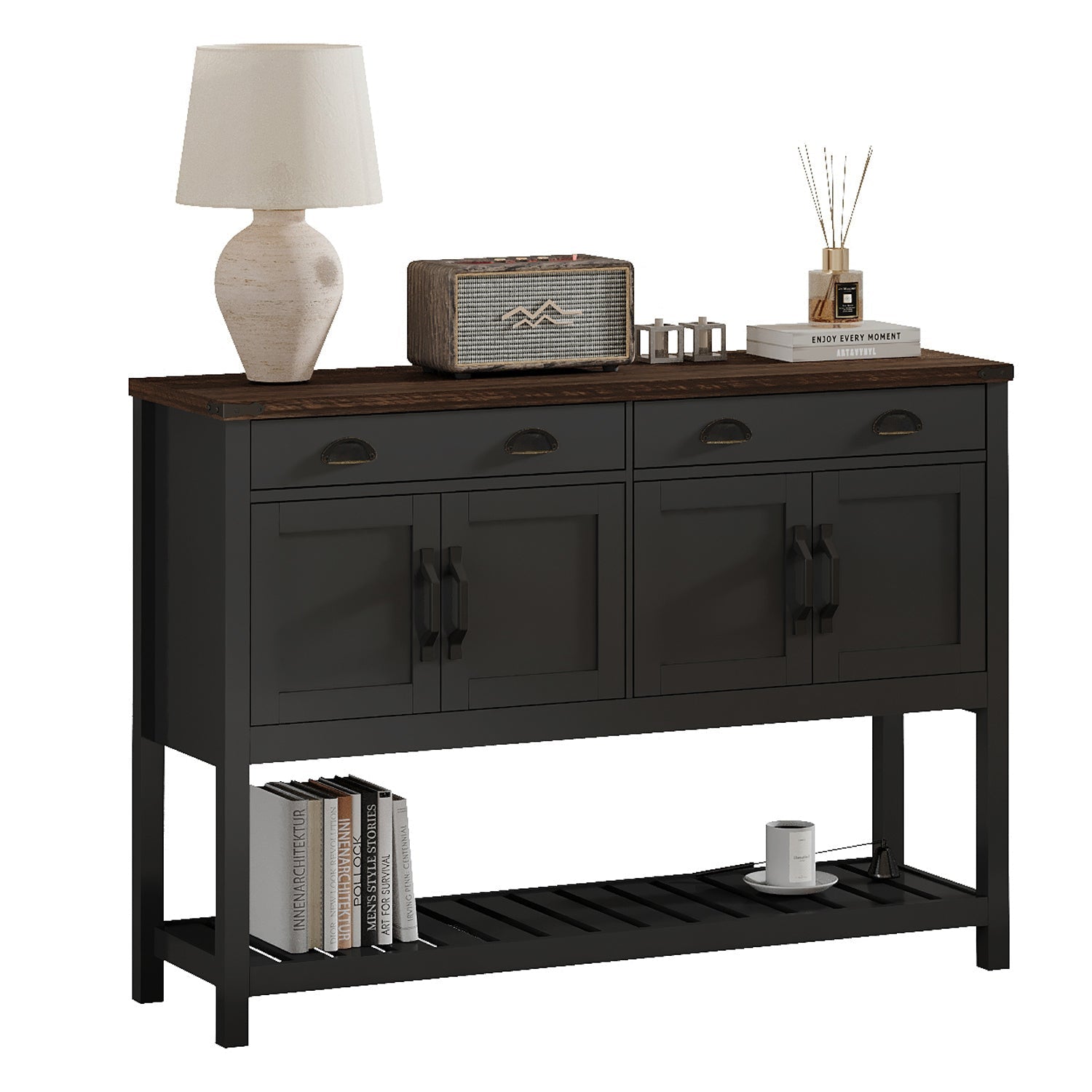47'' Modern Farmhouse Console Storage Table – Two Drawers,Four-Door Cabinet with Slatted Display Shelf