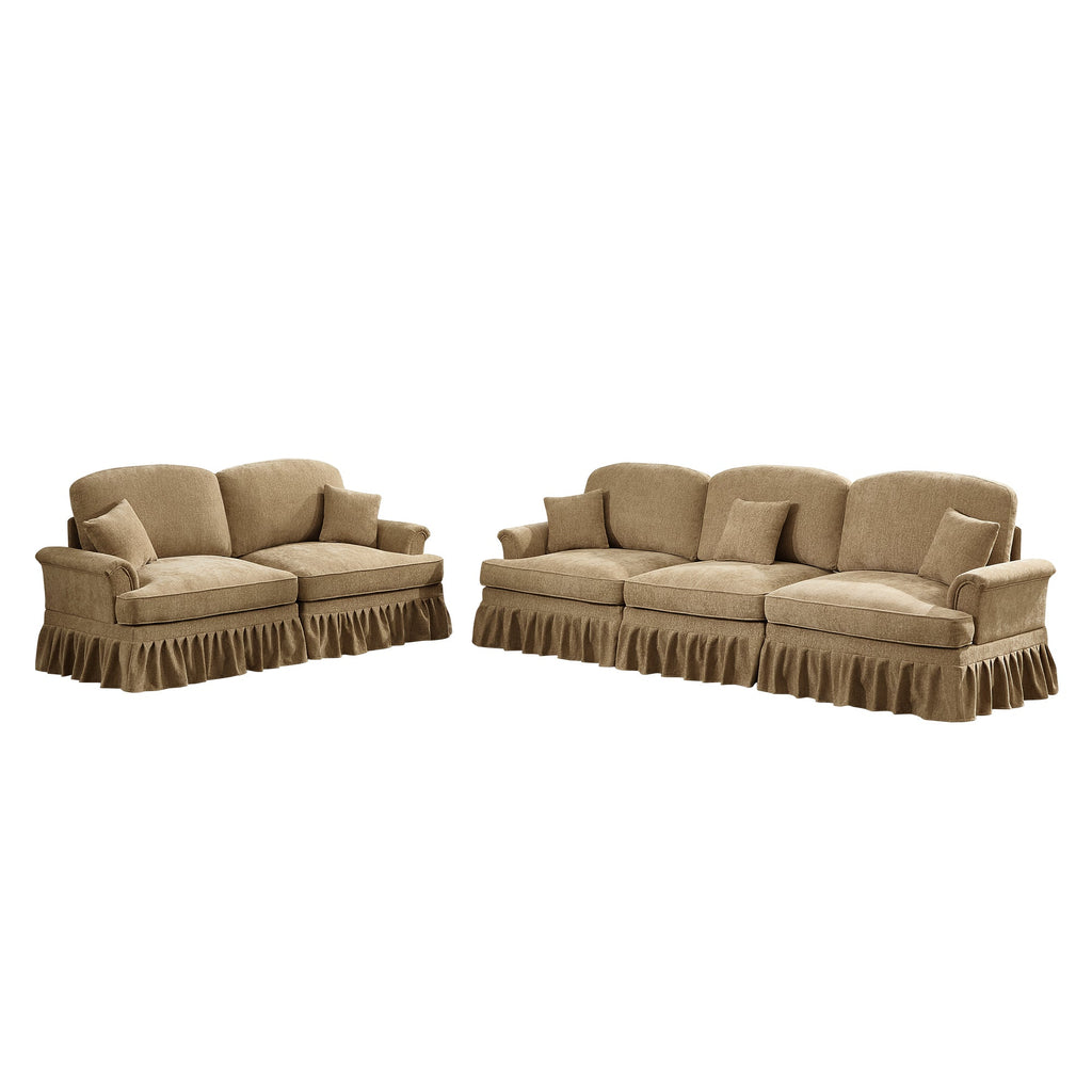 Classic 2 Piece Modular Couch Living Room Sofa Set with Flared Arms and Removable Ruffles Pleats Skirts and Spindle Legs, 3 Seater Sofa + 2-Seat Loveseat Sofa Sets for Living Room, Light Coffee