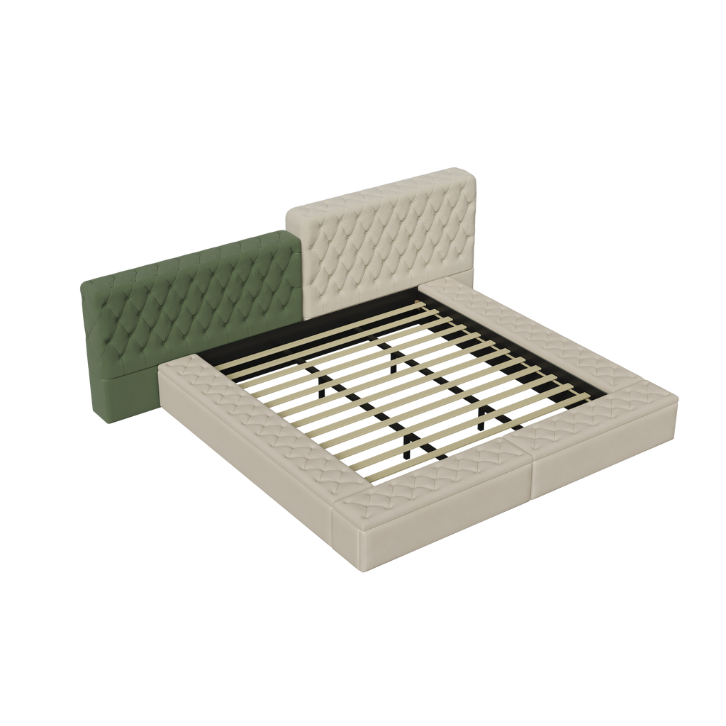 Contemporary Special-shaped Fully Upholstered Bed with Deep Button Tufting and Storage Compartments in Rails and Footboard,No Box Spring Needed,King,Beige