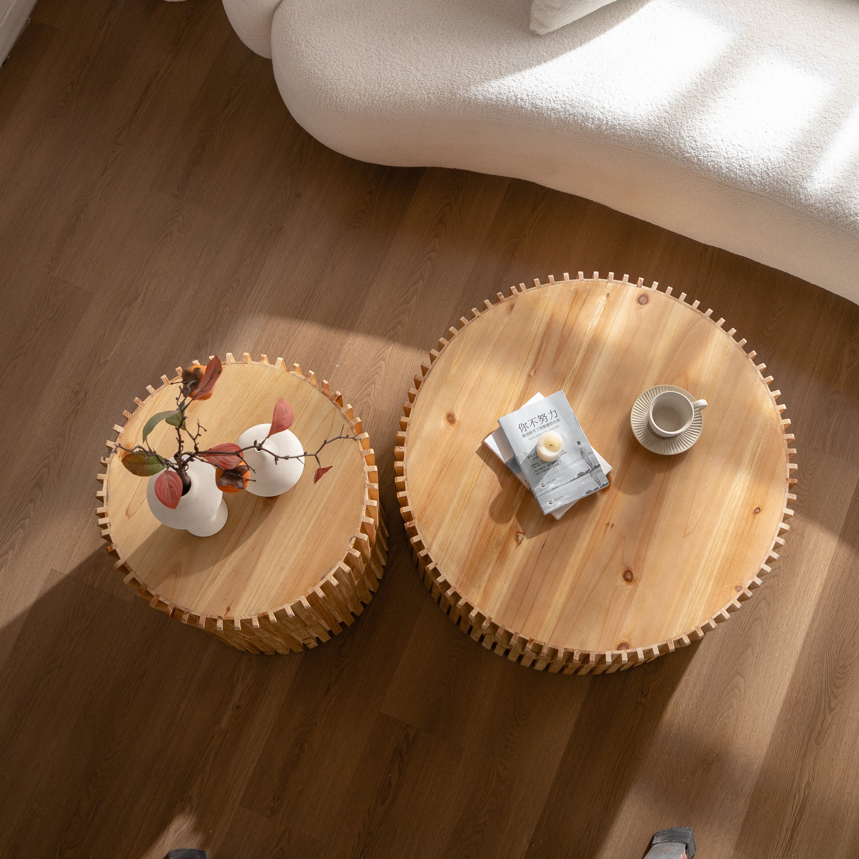 Retro Fashion Style Cylindrical Coffee Table with Vertical Texture Relief Design,Suitable for Living Room,Office,and Dining Room (Set of 2)