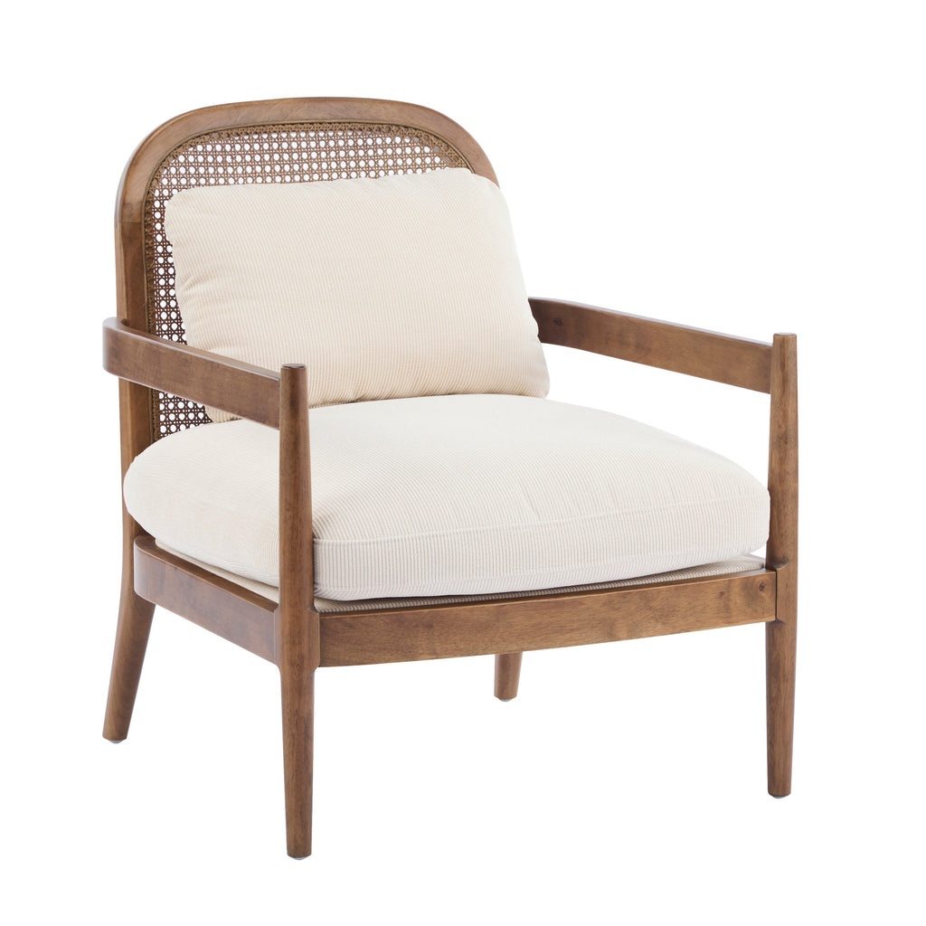 [Set of 2] 26.6' Mid-Century Modern Accent Chair with Light Brown Finish Solid Wood Frame and Rattan Backrest, Beige Cushion with Striped Fabric, Comfy Armchairs for Living Room, Bedroom, Reading Nook