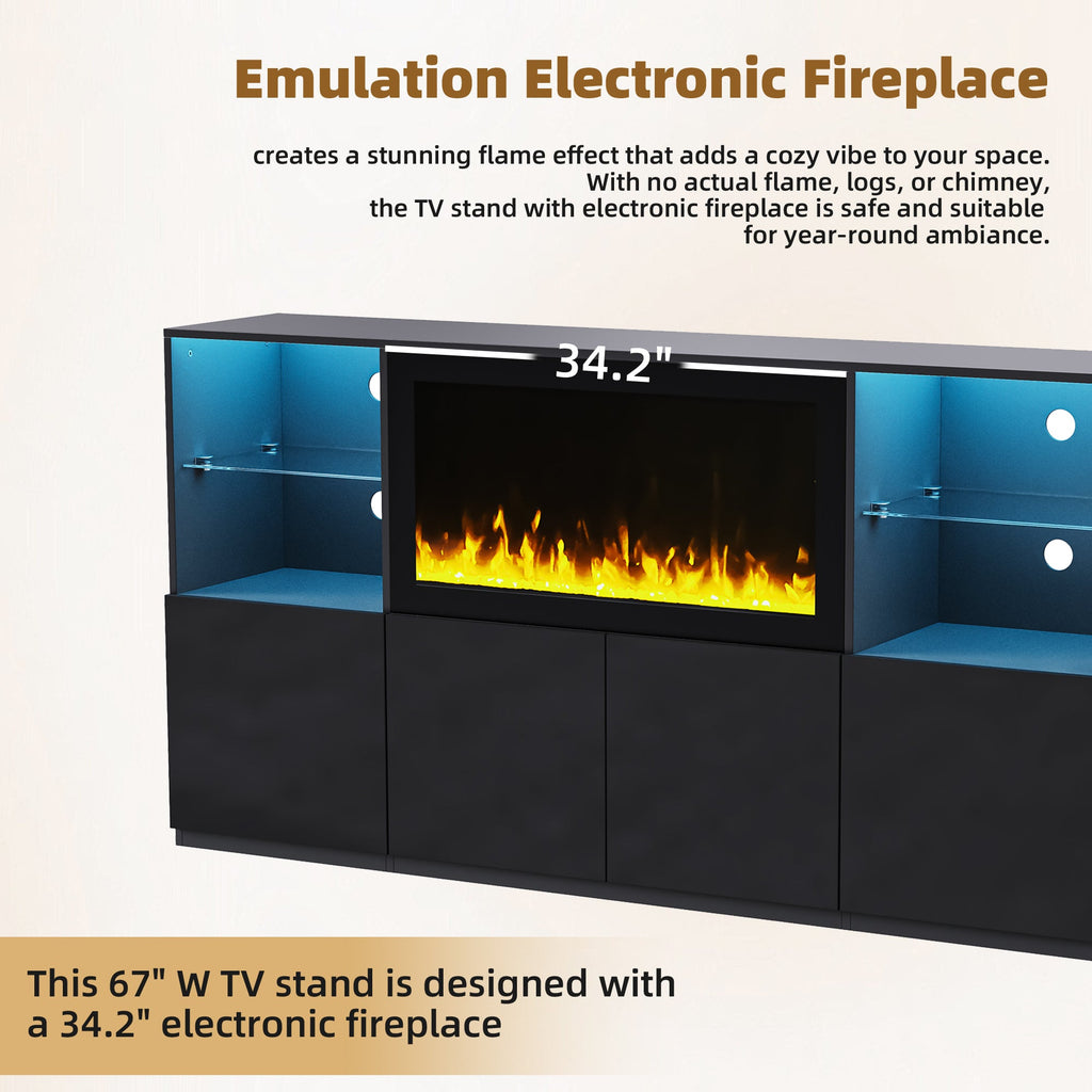 ON-TREND Modern TV Stand with 34.2' Non-heating Electric Fireplace, High Gloss Entertainment Center with LED Lights, Media Console with Tempered Glass Shelves for TVs up to 75', Black