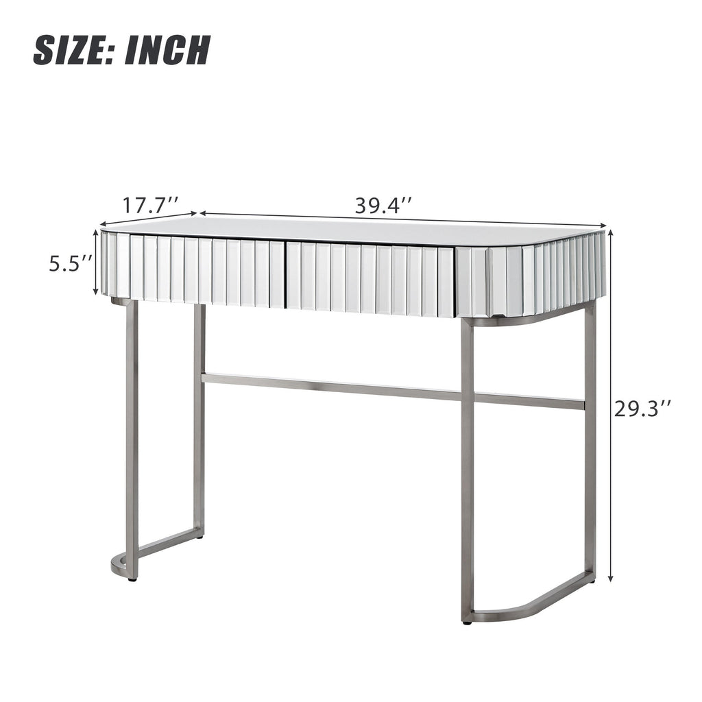 39' Mirrored Makeup Vanity Table with Stainless Steel Base, Mirrored Console Dressing Table with 2 Drawers,Versatile Desk for Bedroom and Office, Silver