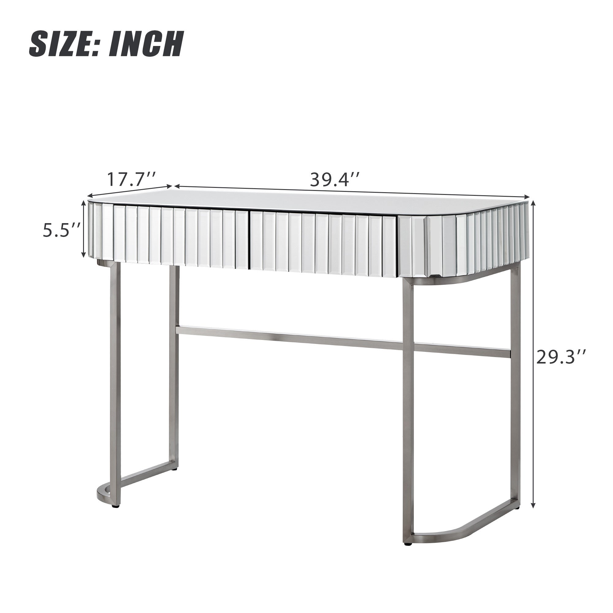 39' Mirrored Makeup Vanity Table with Stainless Steel Base, Mirrored Console Dressing Table with 2 Drawers,Versatile Desk for Bedroom and Office, Silver