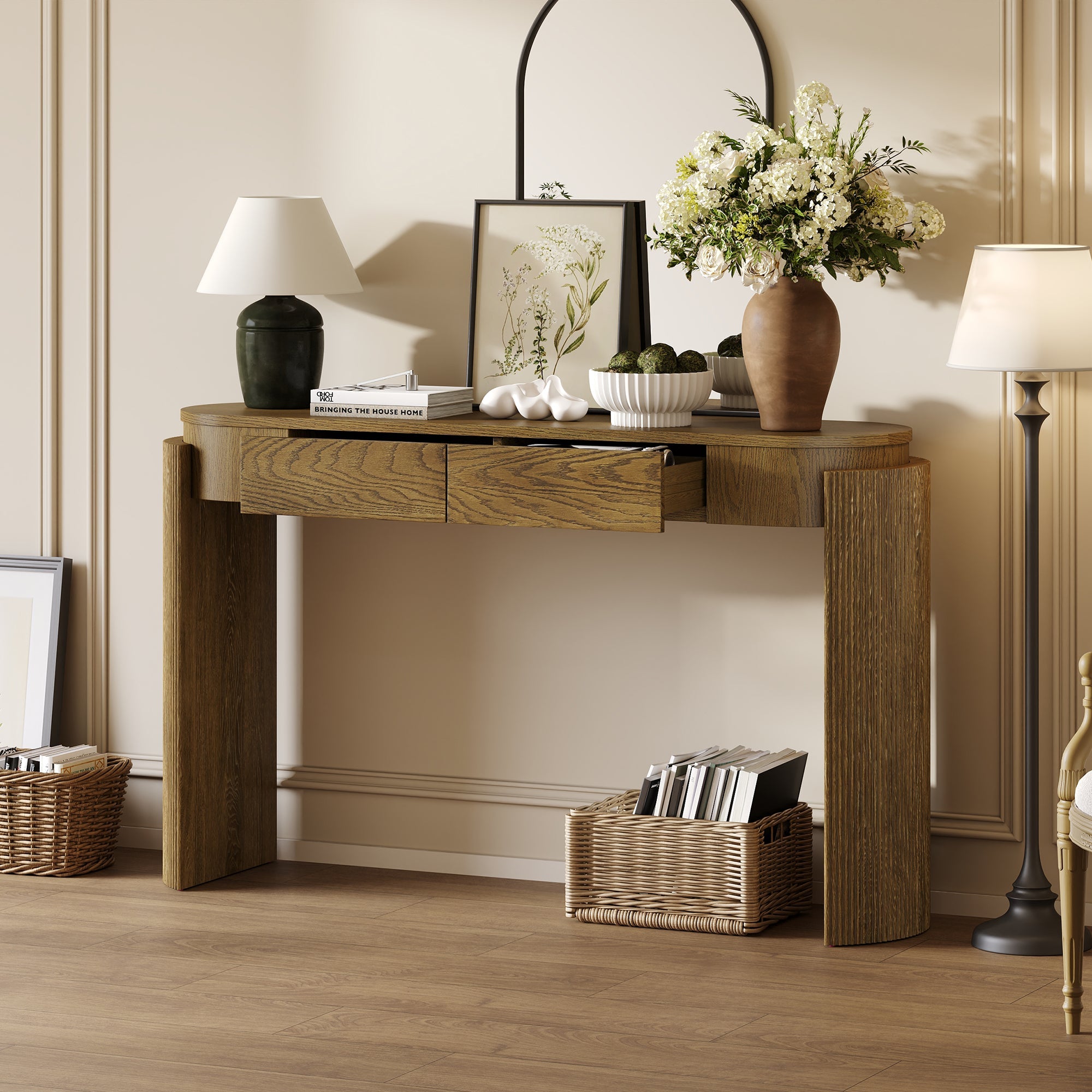 TREXM Entryway Table with Natural Wood Grain Finish, Console Table with Fluted Design, Oval Top and 2 Drawers for Entryway and Living Room (Pine Wood)