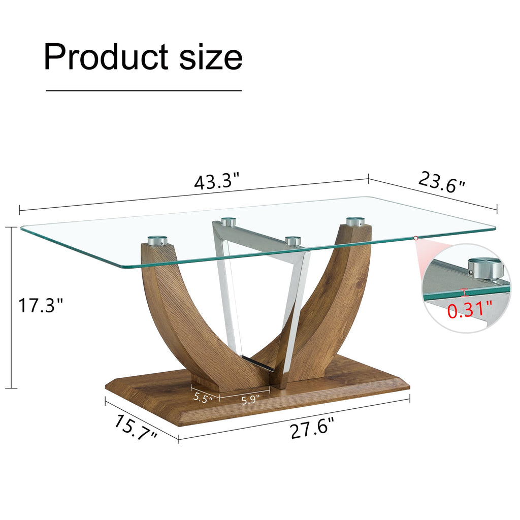 Modern minimalist transparent tempered glass coffee table with wooden MDF legs and stainless steel decorative columns. Computer desk. Game table. CT-907