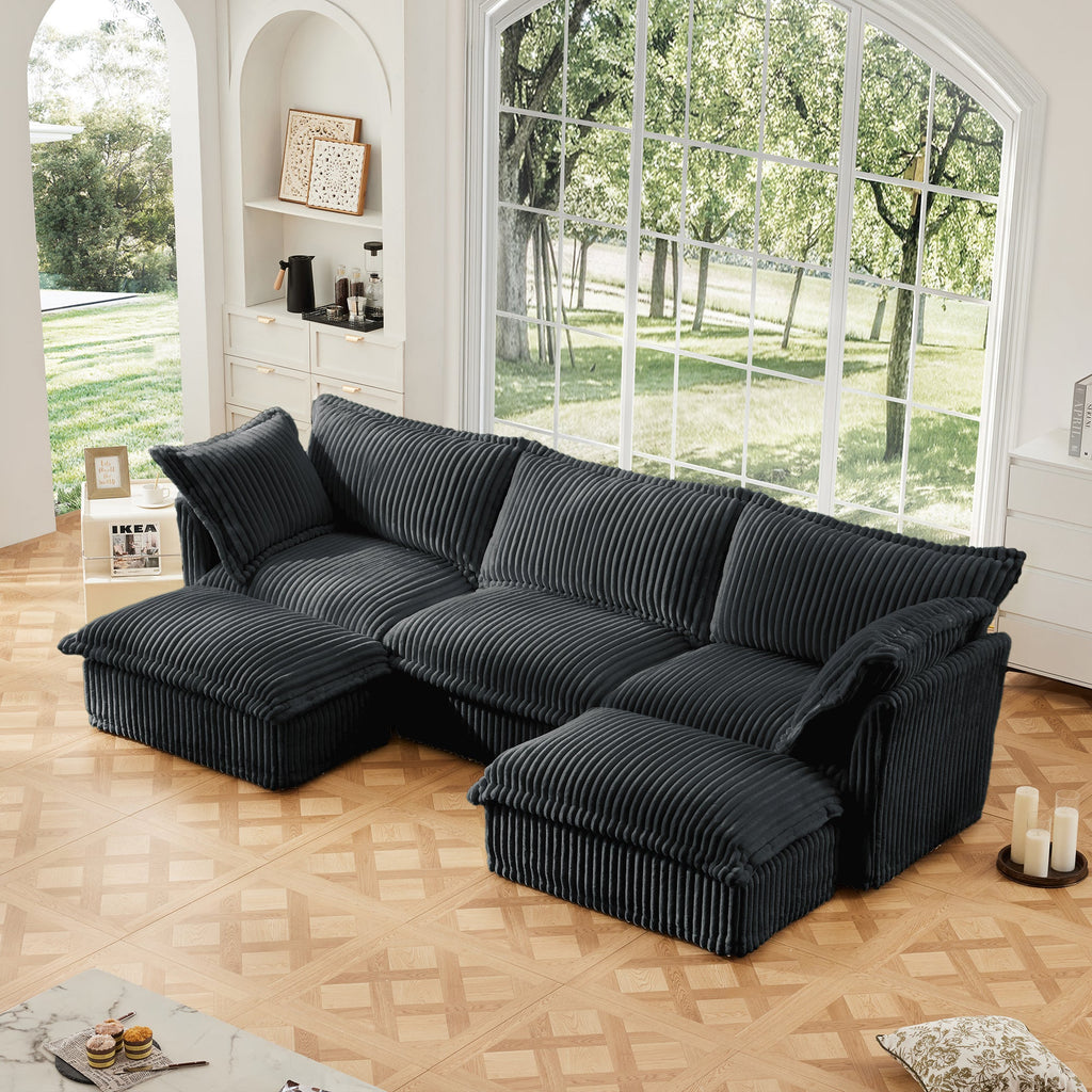 Slipcovered U Shape Sectional Deep Seat Sofa Couch, 3 Seater Sofa with French Edges Design Multiple Big Pillows, Modular Deep Seat Sectional Sofa Comfy Cloud Couch for Living Room, Apartment,Gray