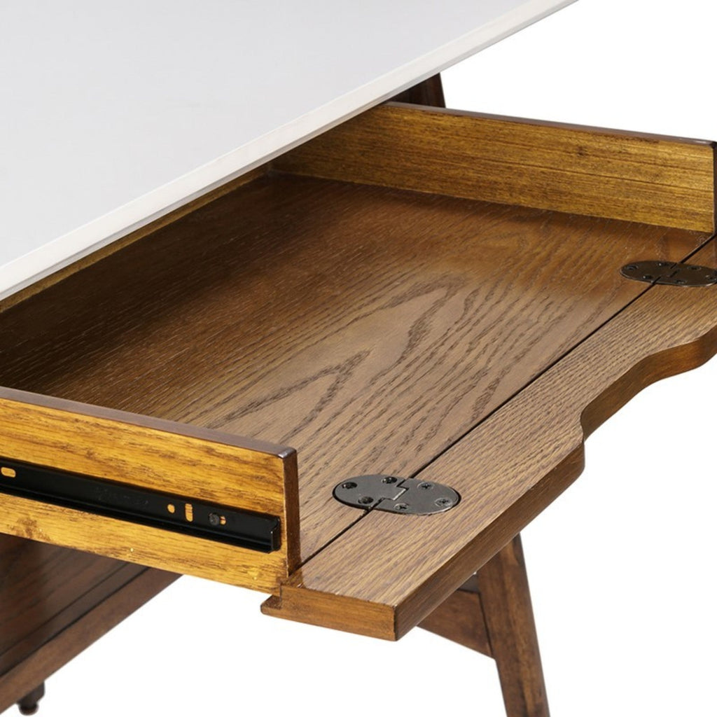 Parker Mid-Century Desk with Storage Shelf in Off-White and Pecan Wood