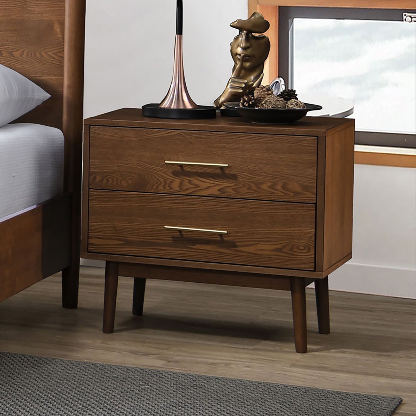 Walnut 1pc Nightstand Solid wood Bedside Table Nickle Bar Pulls 2-Drawers Round Tapered Legs Bedroom Modern Style