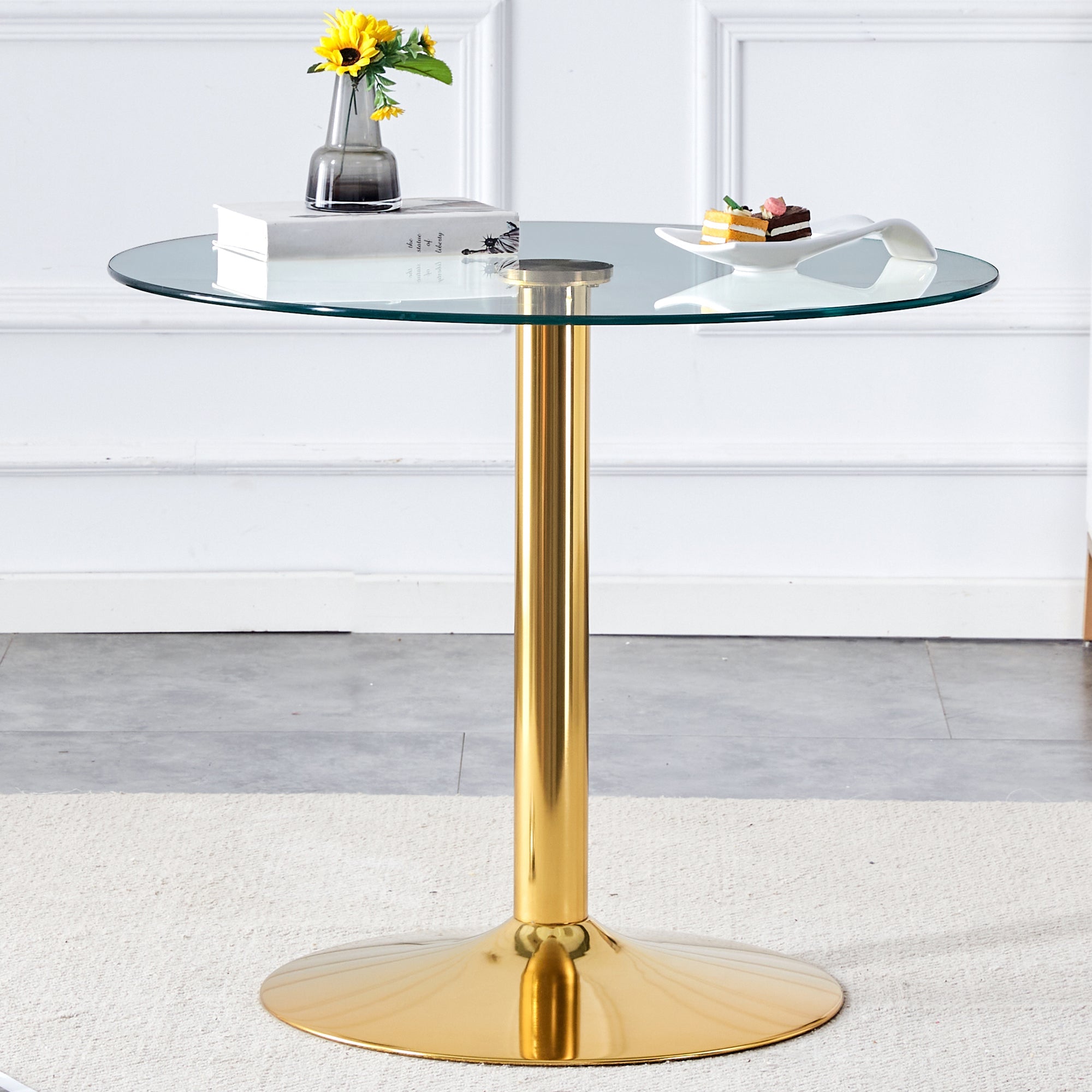 Modern Minimalist Round Dining Table with Glass Top and Gold Metal Legs, 35-Inch Diameter