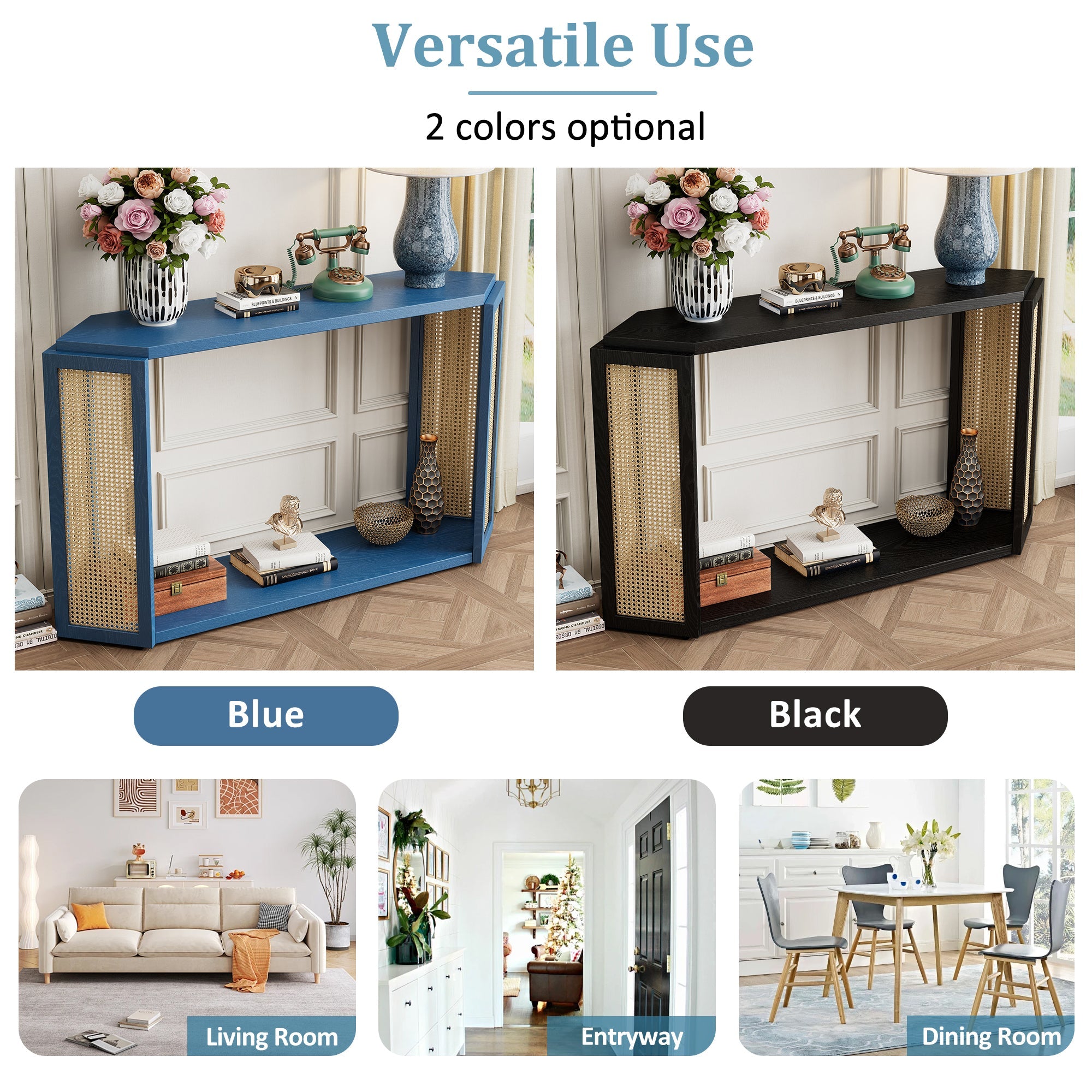 TREXM Narrow Console Table with Unique Irregular Top Design, Entryway Table with Open Shelf, Rattan Sofa Table for Living Room Hallway and Entrance (Antique Blue)