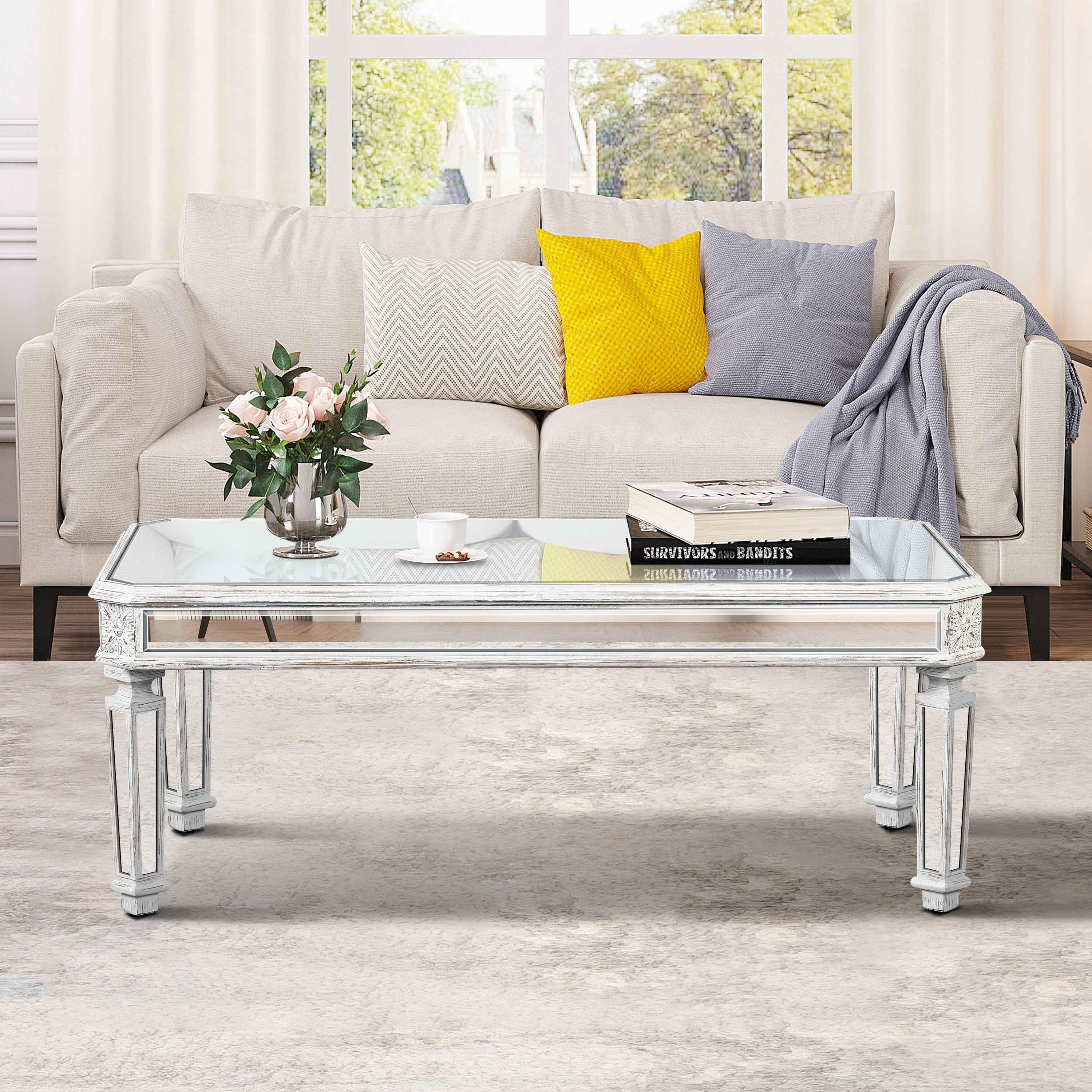 Silver Mirrored Coffee Table, Vintage Carved Elements, Rectangle Glass Tea Table with Mirrored Finish, Modern Center Table for Living Room and Office (24" D x 48" W x 18" H)