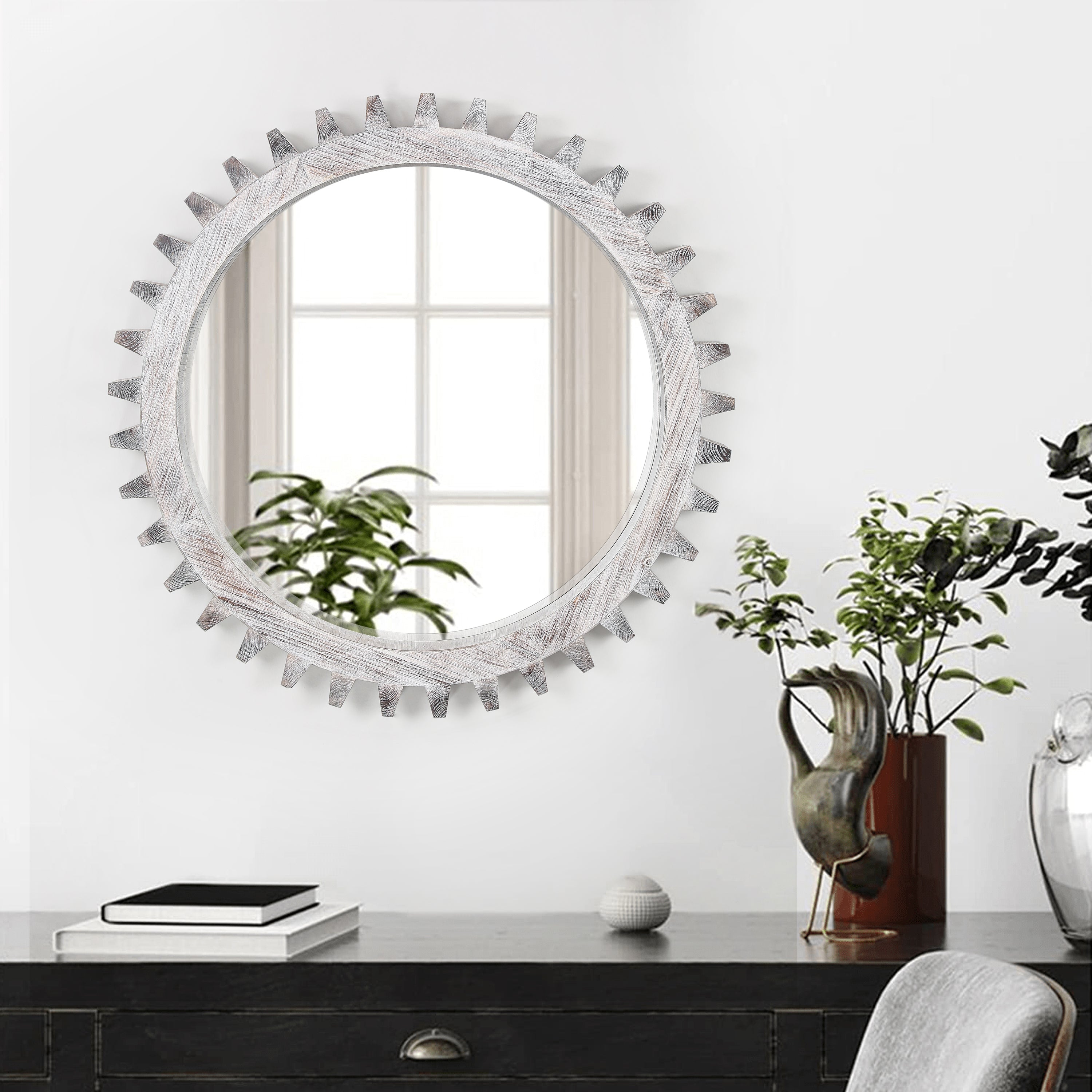 Vintage 17'' x 17'' Wood Round Hanging Gear Shape Decorative Mirror Patchwork Effect With Large-size Mirrors  Individually On Art Walls,Sold Individually(Antique White Washed)